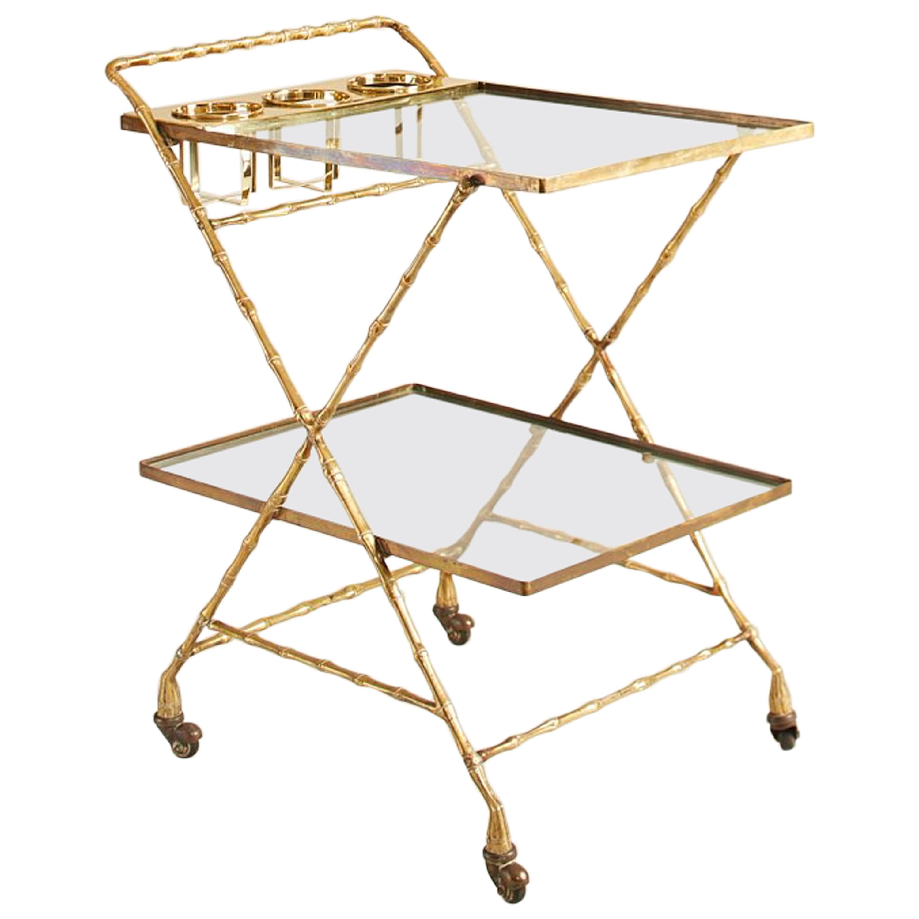 1960s French Maison Jansen Brass Faux Bamboo Bar Cart