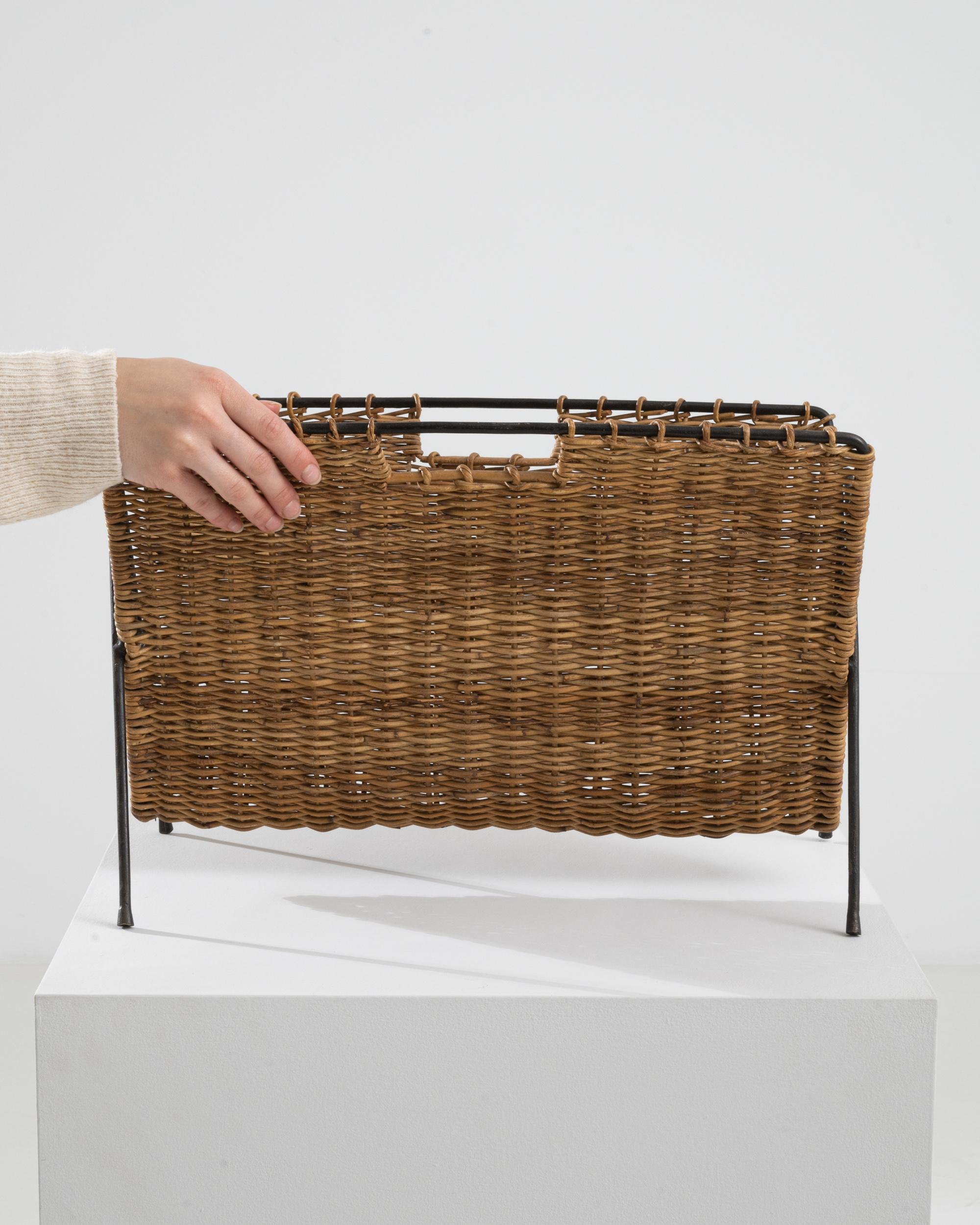 Mid-Century Modern 1960s French Metal and Wicker Magazine Rack