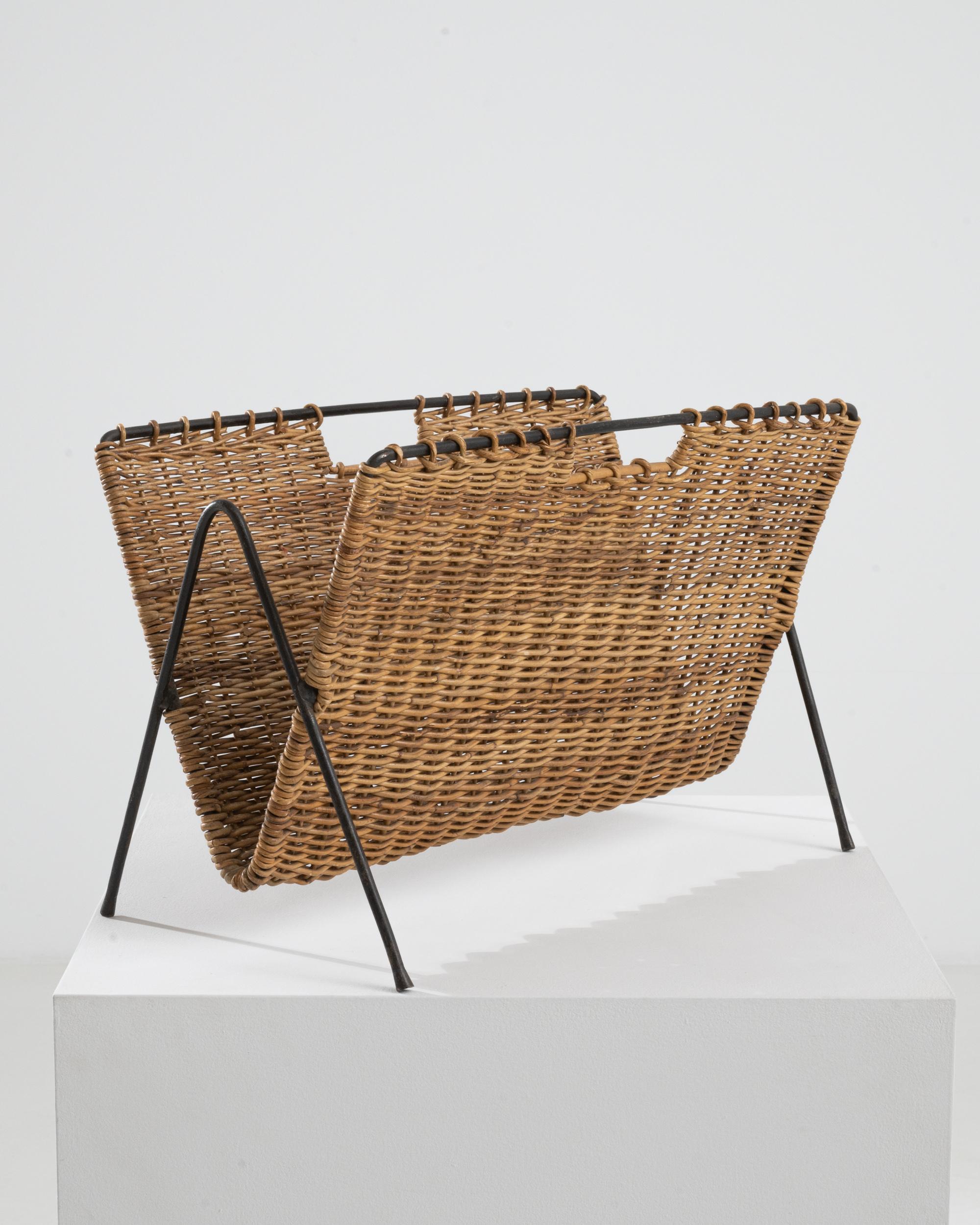 1960s French Metal and Wicker Magazine Rack In Good Condition In High Point, NC