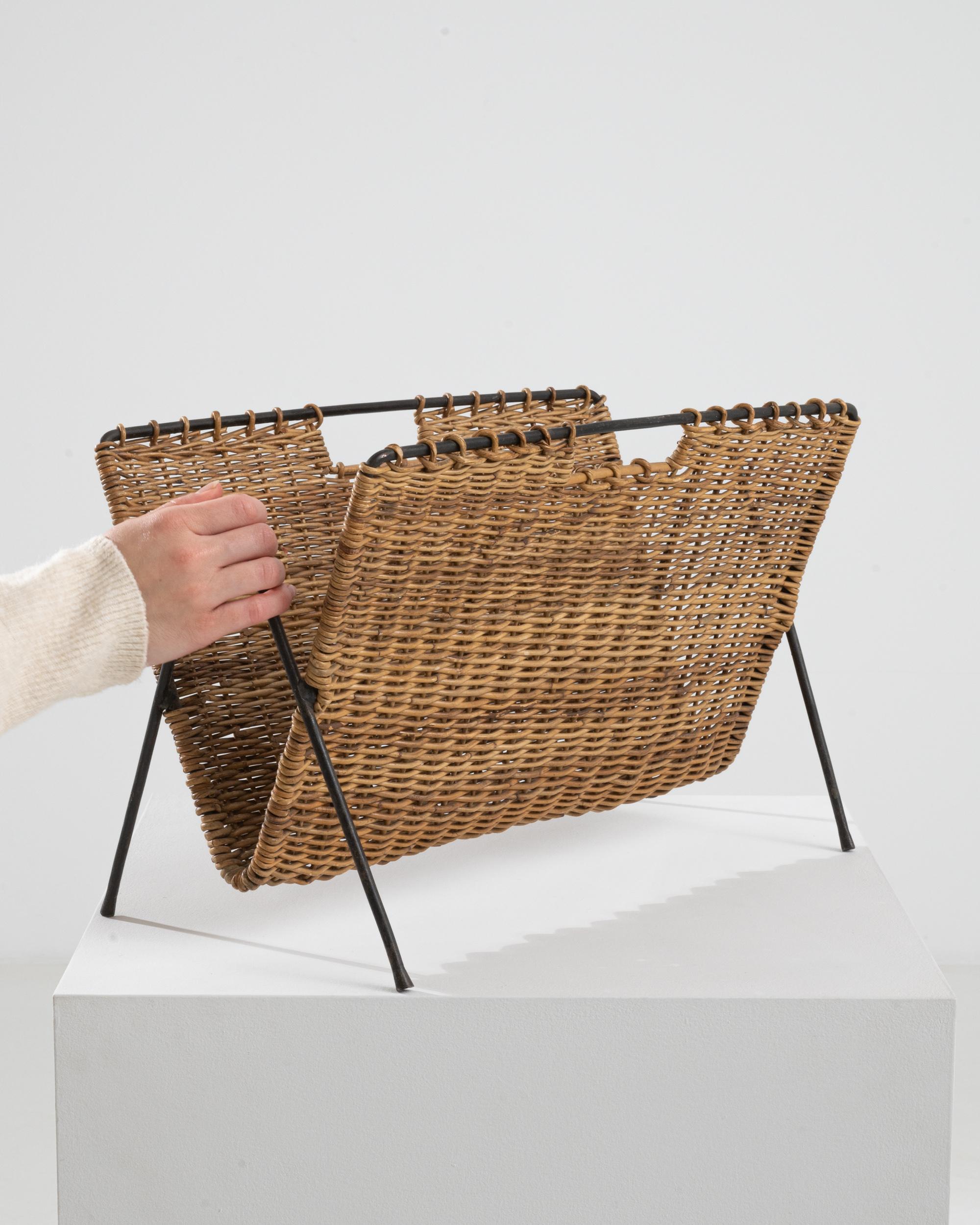 Mid-20th Century 1960s French Metal and Wicker Magazine Rack