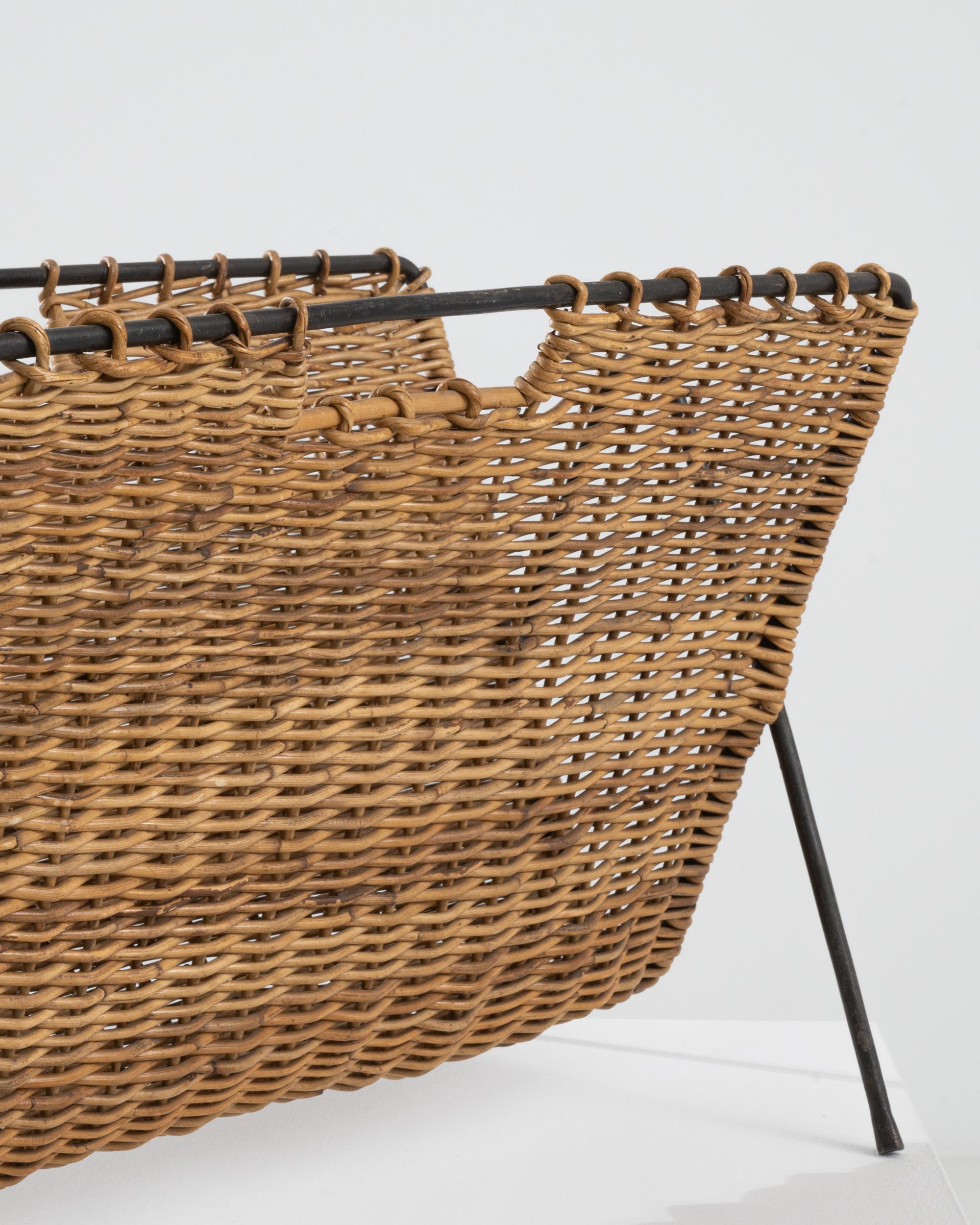 1960s French Metal and Wicker Magazine Rack 1