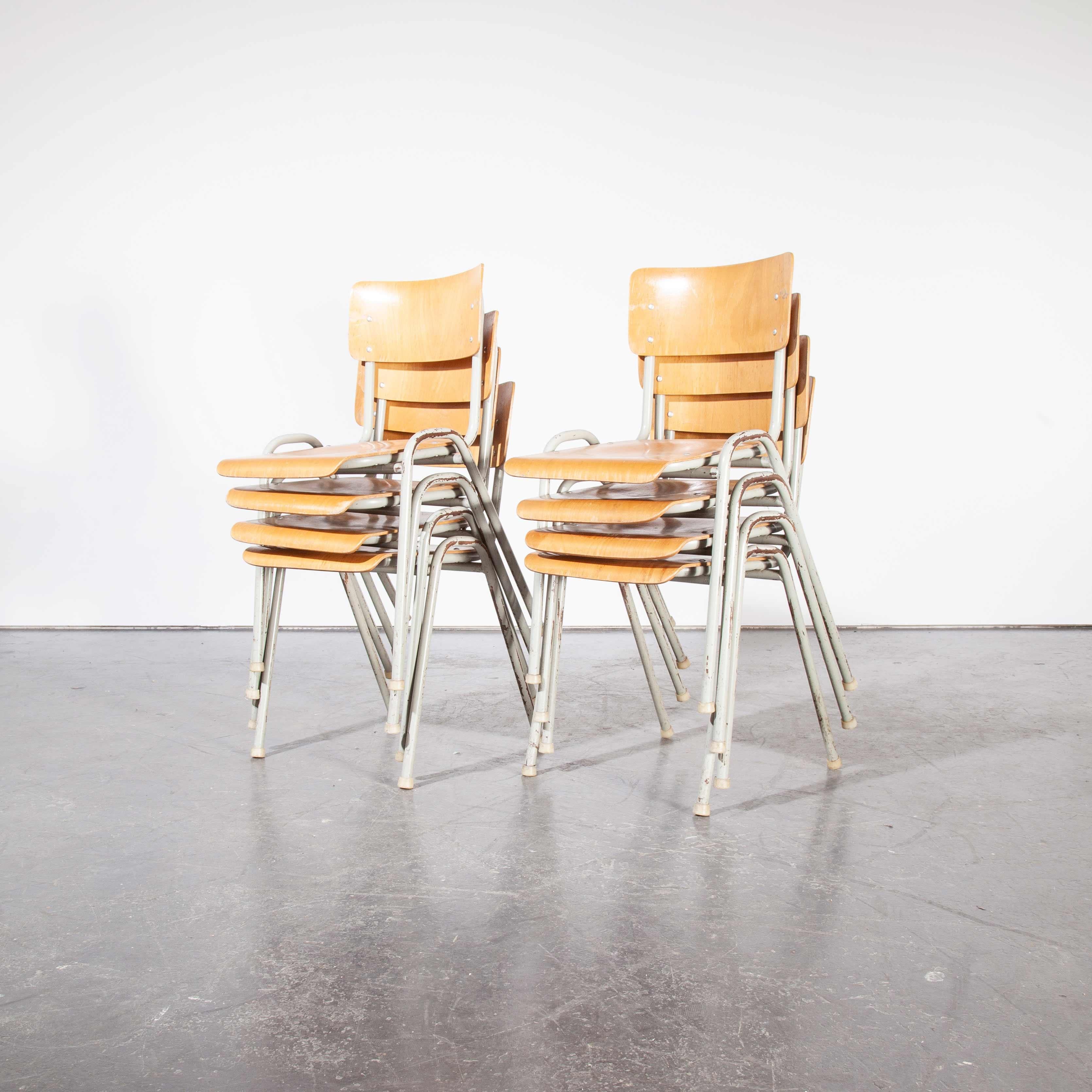 1960s French metal framed stacking University – Dining chairs – Set of eight

1960s French metal framed stacking university – dining chairs – set of eight. We sourced these great chairs from a campus in southern France. Great robust stacking