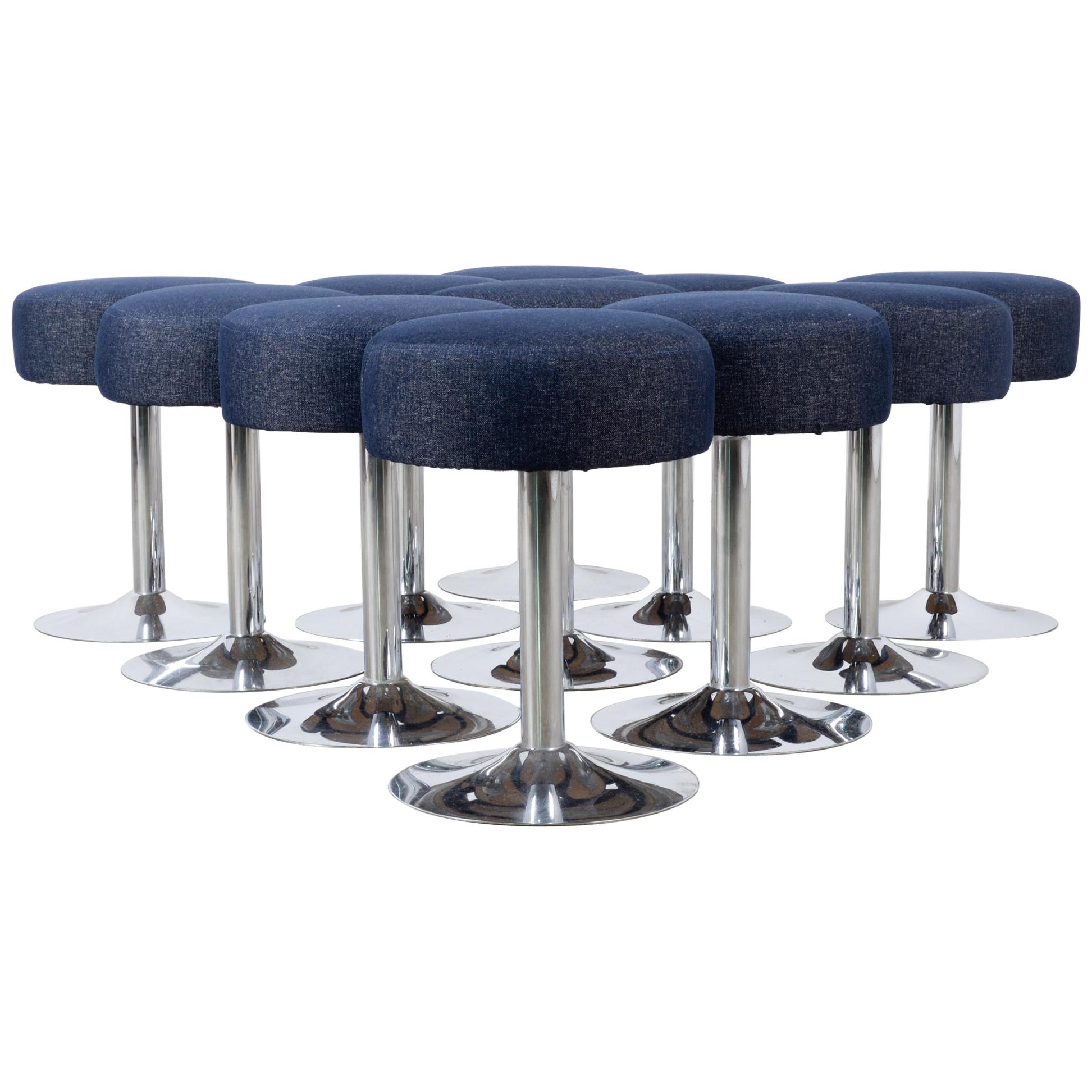 1960s French Metal Stools with Upholstered Seats, Set of Eleven