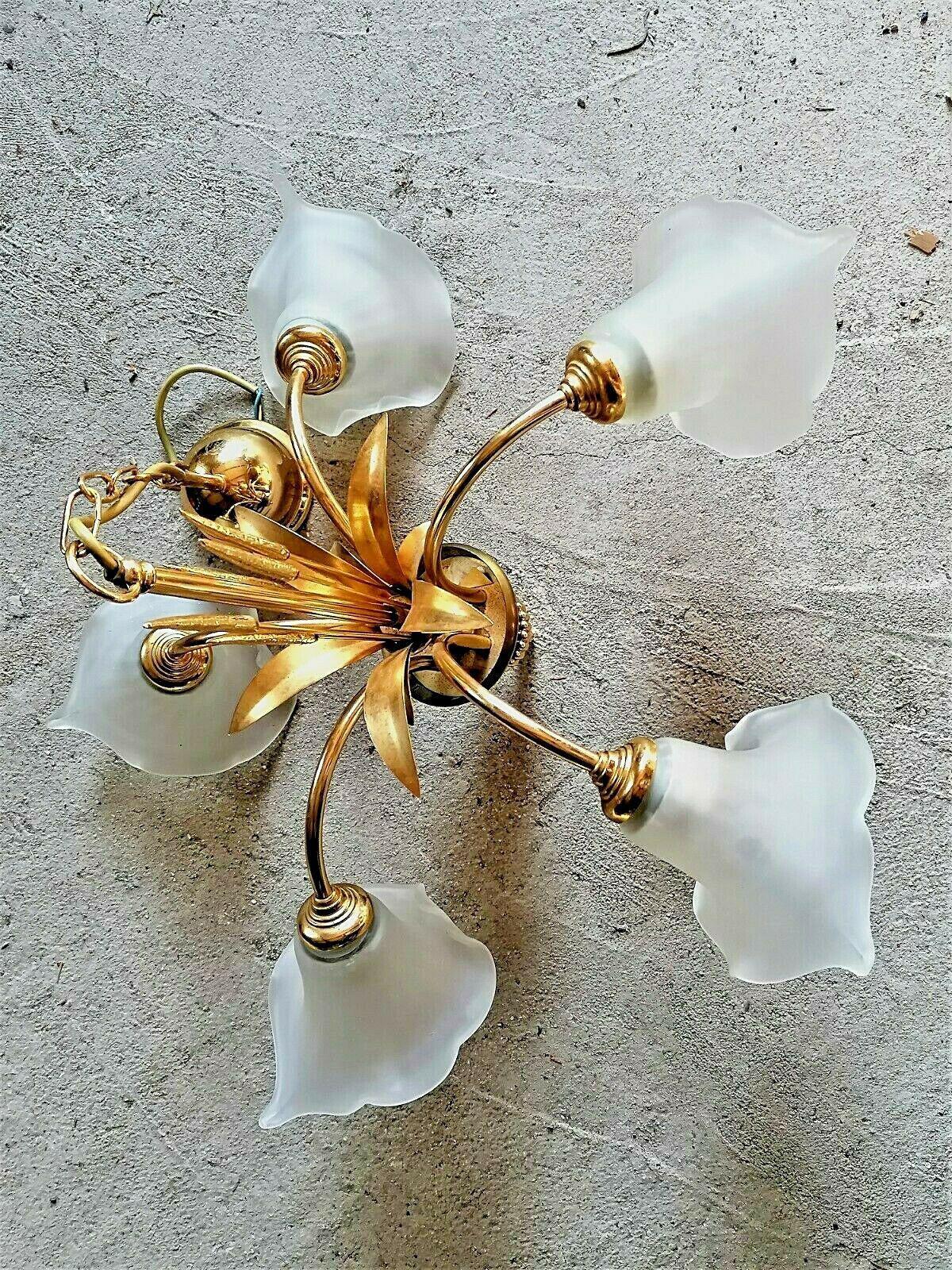 Mid-Century Modern 1960's French Mid Century Modern Gilt Floral Form Chandelier with Floral Shades For Sale