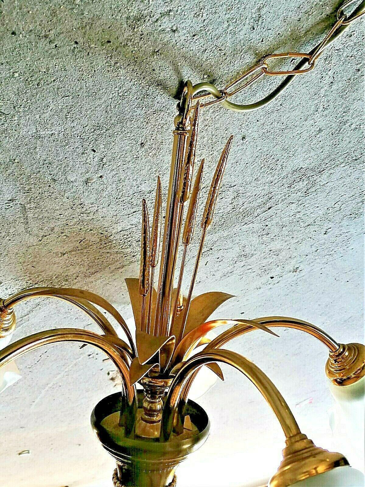 Metal 1960's French Mid Century Modern Gilt Floral Form Chandelier with Floral Shades For Sale
