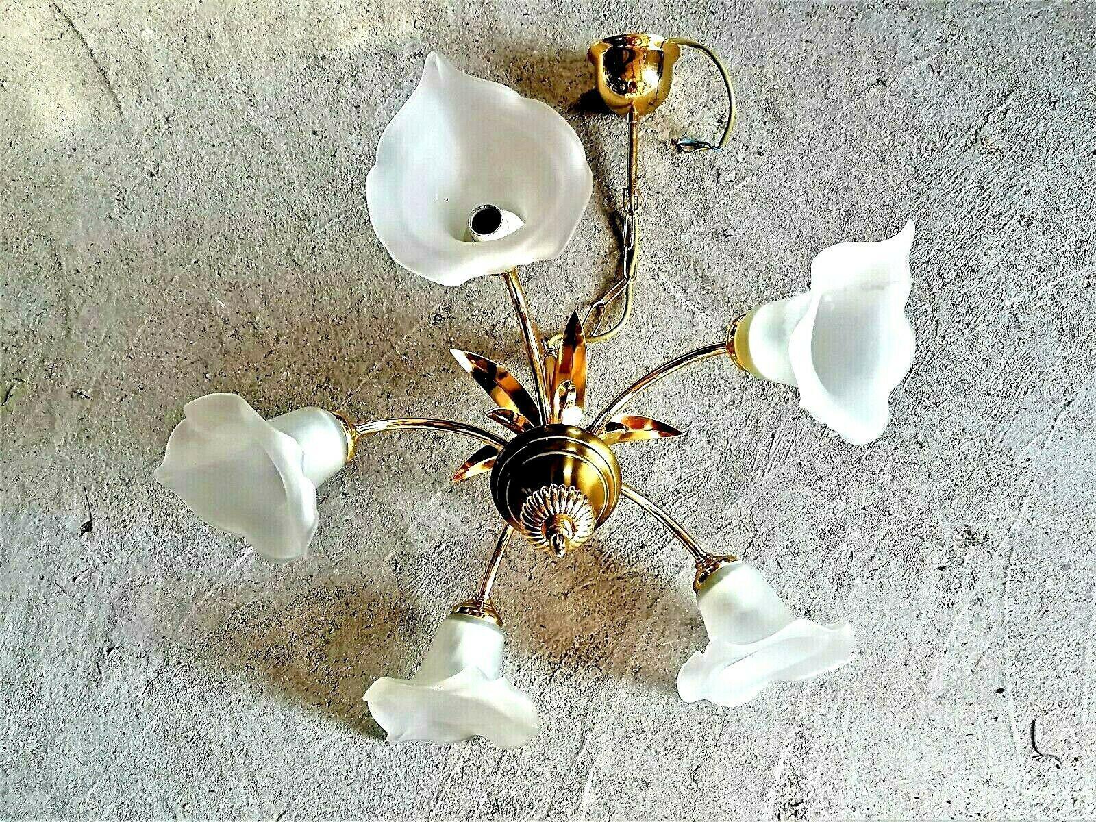 1960's French Mid Century Modern Gilt Floral Form Chandelier with Floral Shades For Sale 2