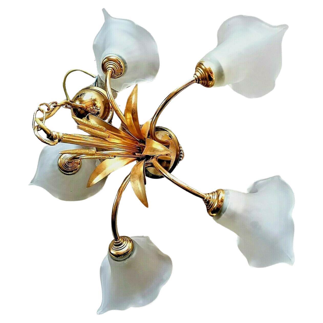 1960's French Mid Century Modern Gilt Floral Form Chandelier with Floral Shades