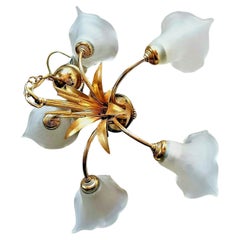 1960's French Mid Century Modern Gilt Floral Form Chandelier with Floral Shades