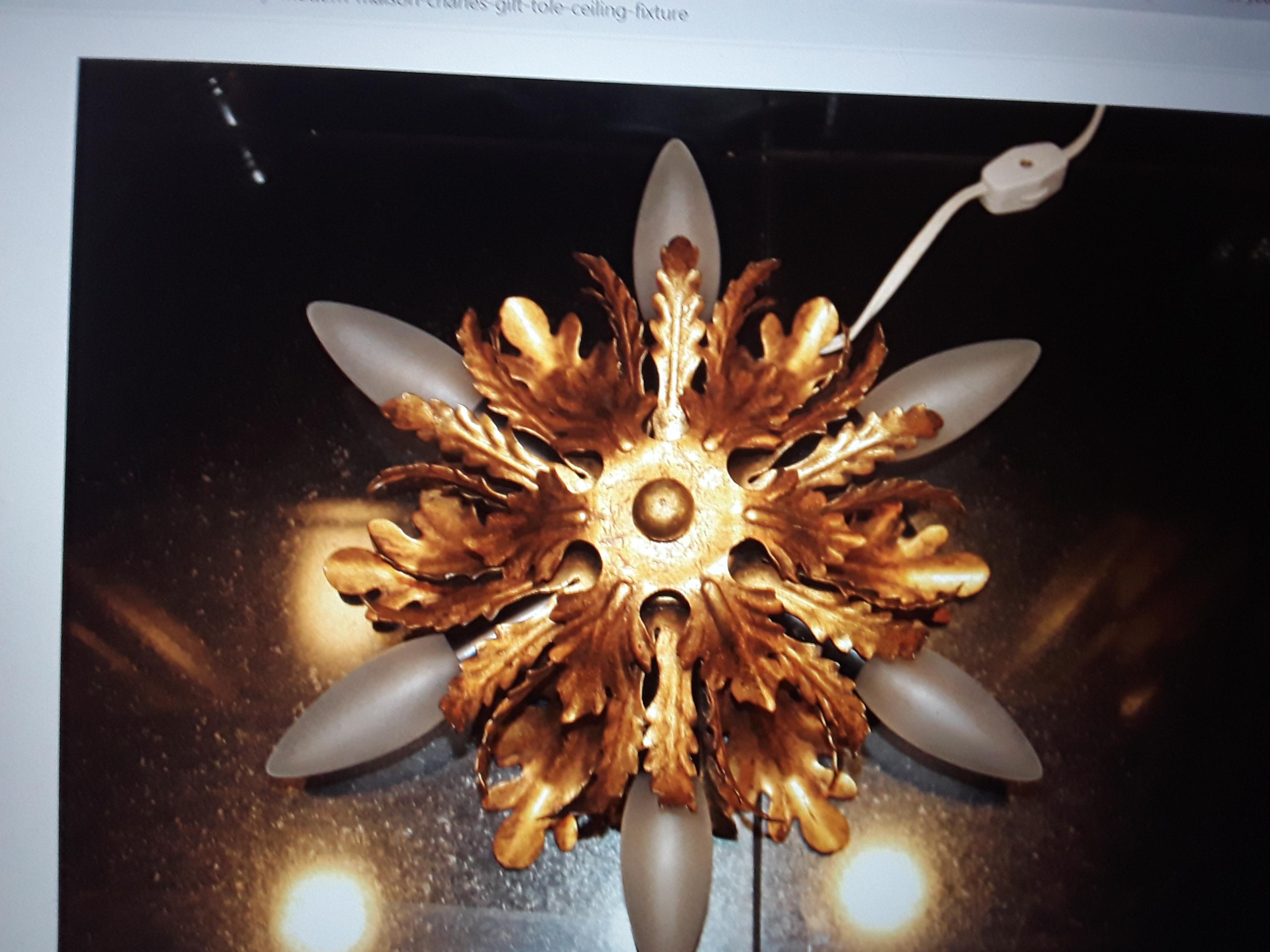 Metal 1960's French Mid Century Modern Gilt Tole 6 Light Flush Mount Ceiling Fixture For Sale
