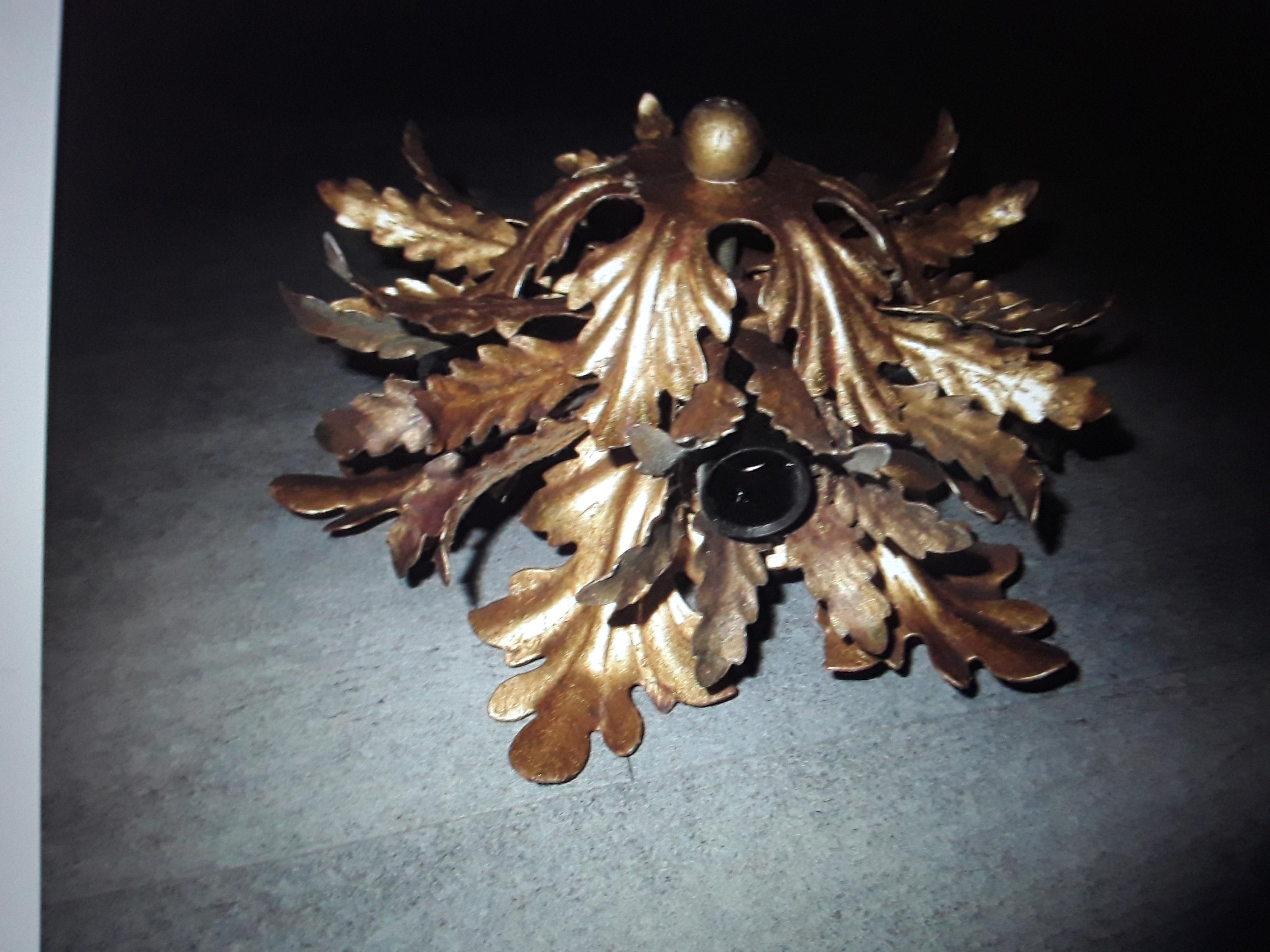 1960's French Mid Century Modern Gilt Tole 6 Light Flush Mount Ceiling Fixture For Sale 3