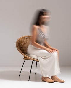 1960s French Mid- Century Modern Rattan Woven Chair with Upholstered Seat
