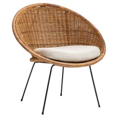 1960s French Mid- Century Modern Rattan Woven Chair with Upholstered Seat