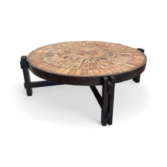 1960s French MidCentury Roger Capron Round Ceramic Tile & Walnut Coffee Table