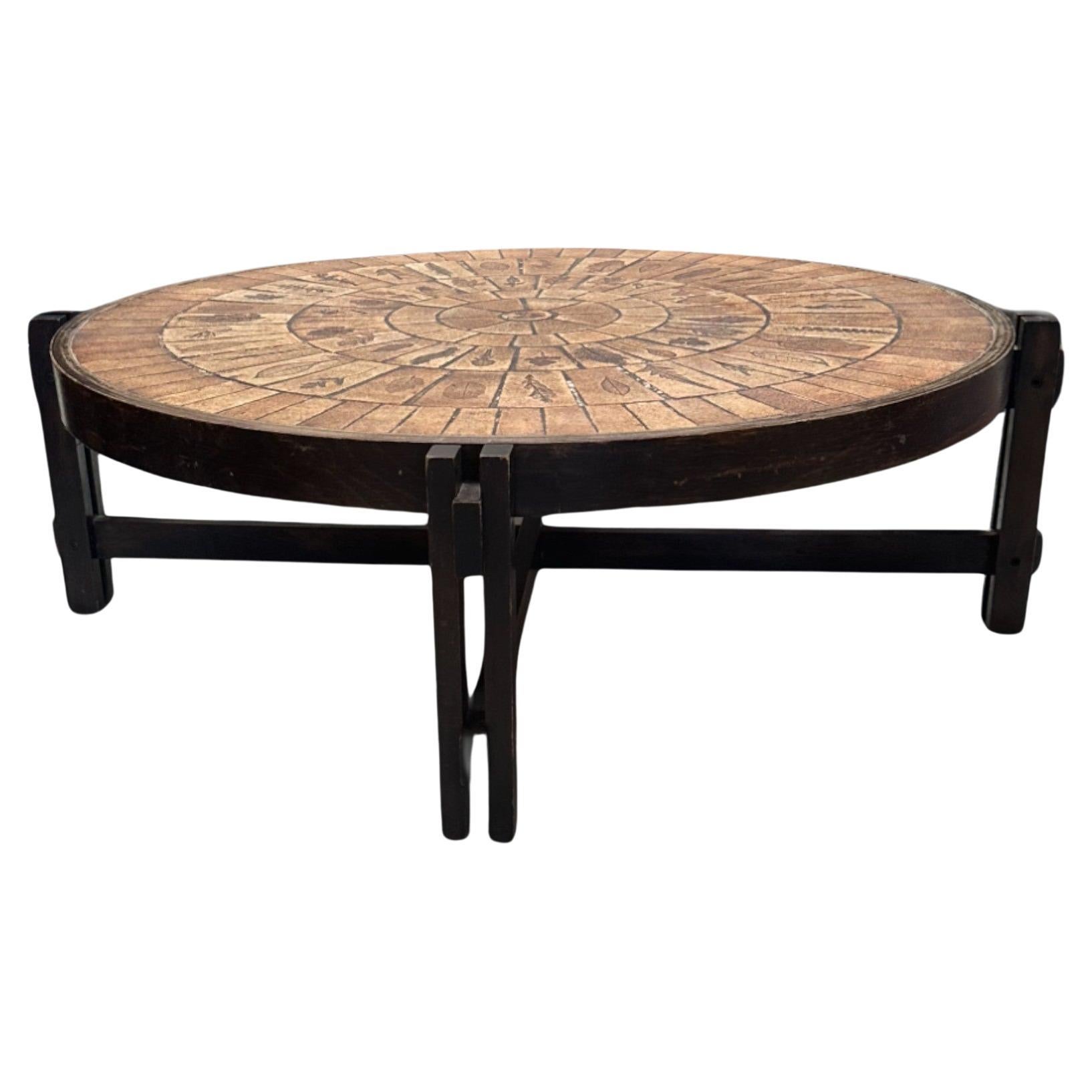 1960s French MidCentury Roger Capron Round Ceramic Tile 
Walnut Coffee Table