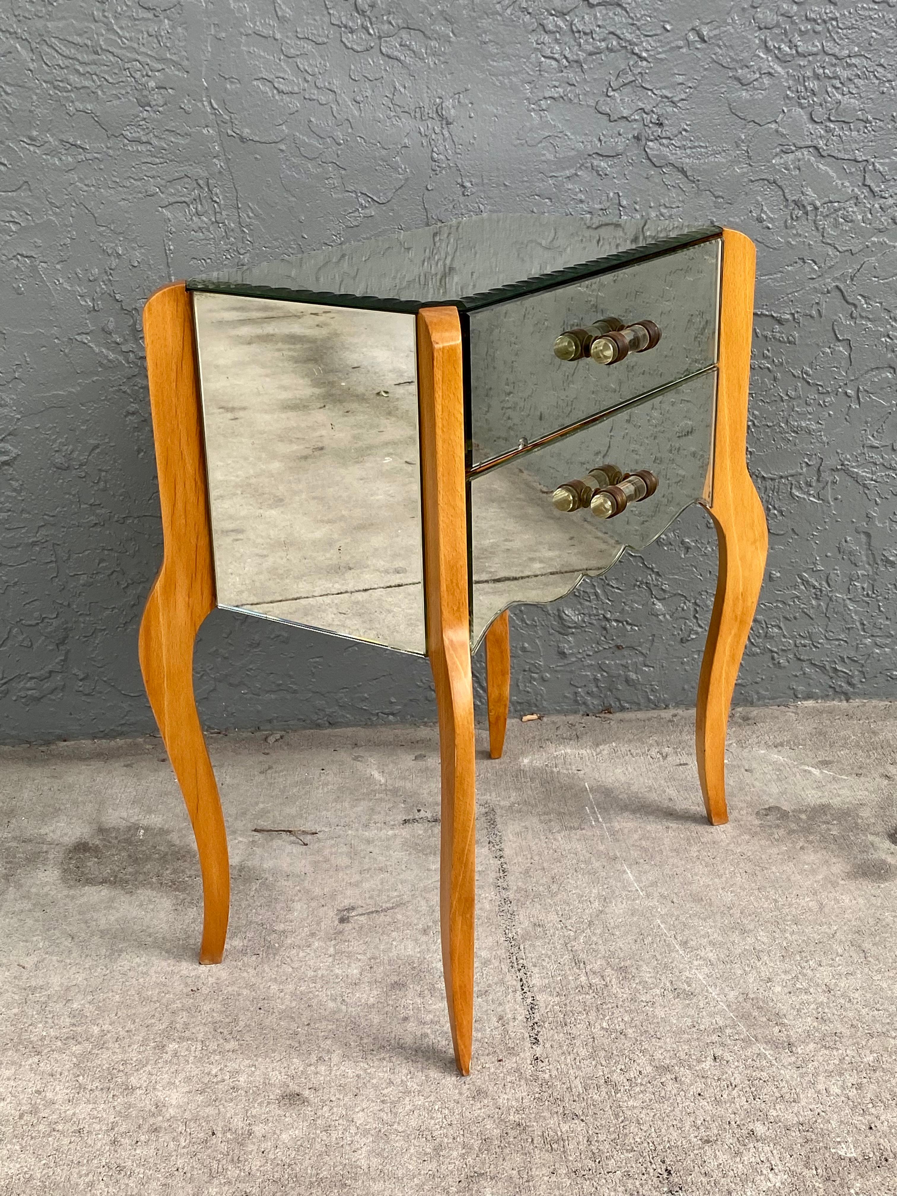 Mid-20th Century 1960s French Mirrored Cabriole Legs Lucite Petite Nightstand End Table For Sale
