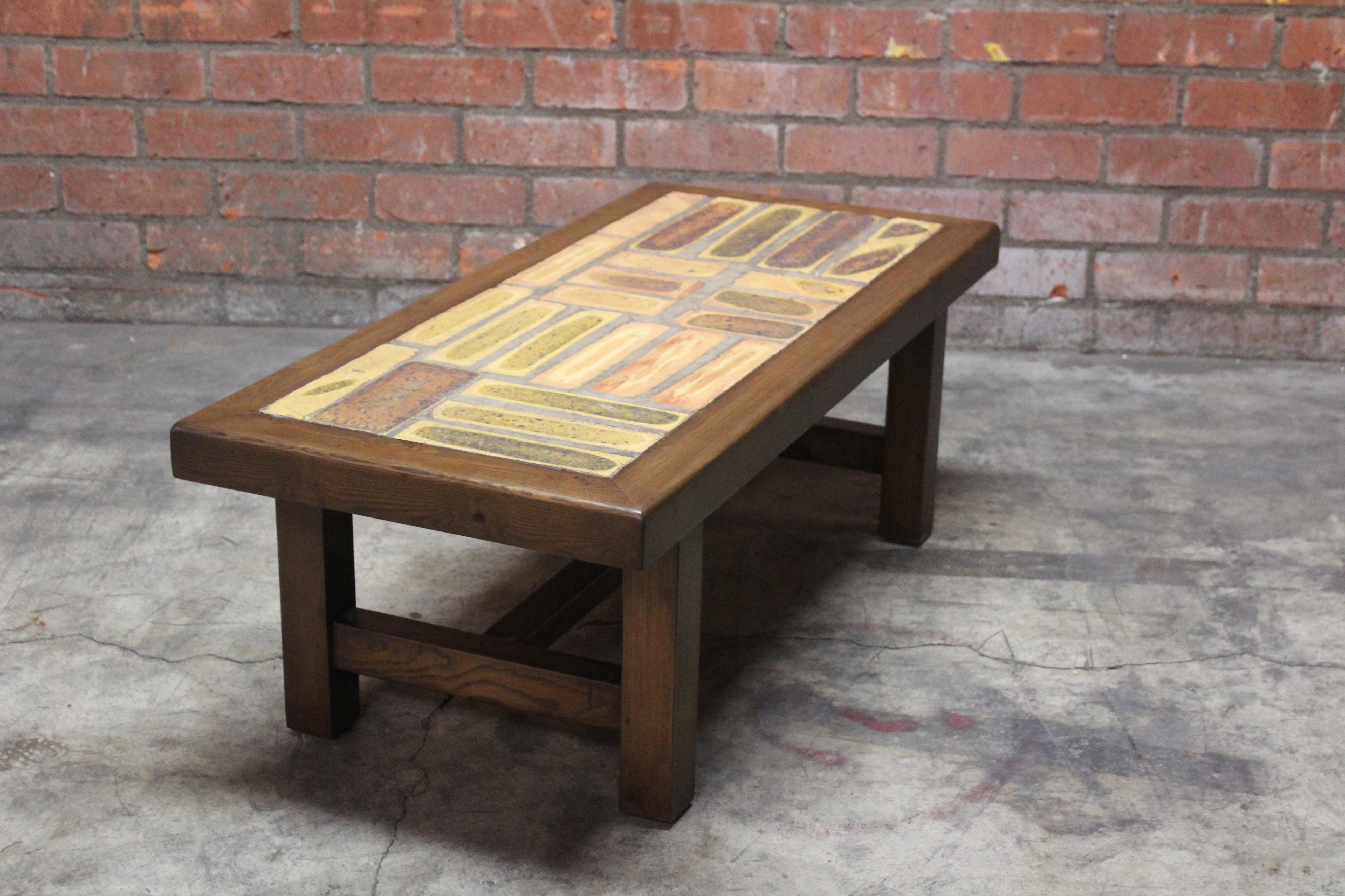 1960s French Modernist Ceramic Tile and Walnut Coffee Table 5