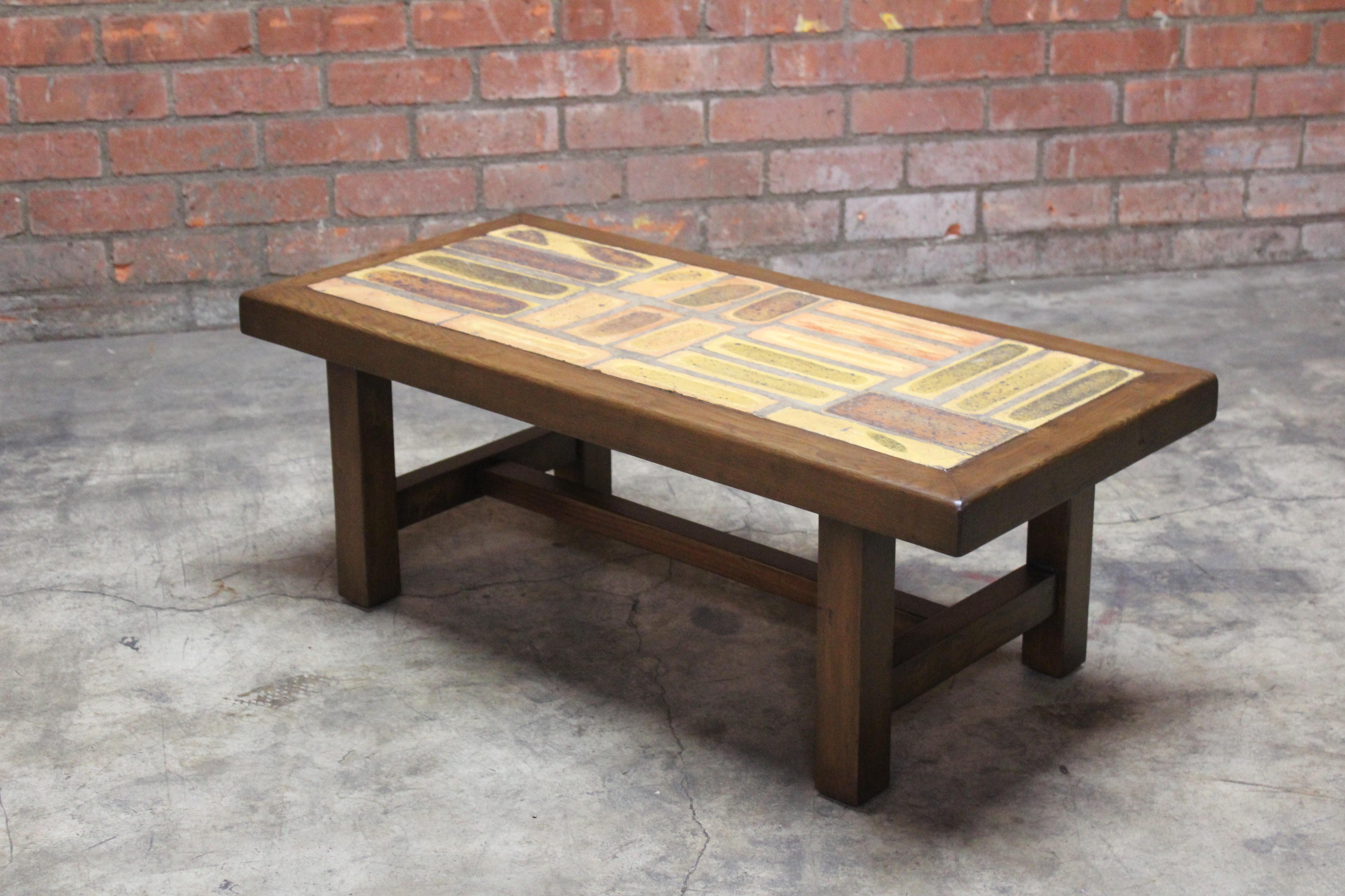 1960s French Modernist Ceramic Tile and Walnut Coffee Table 11