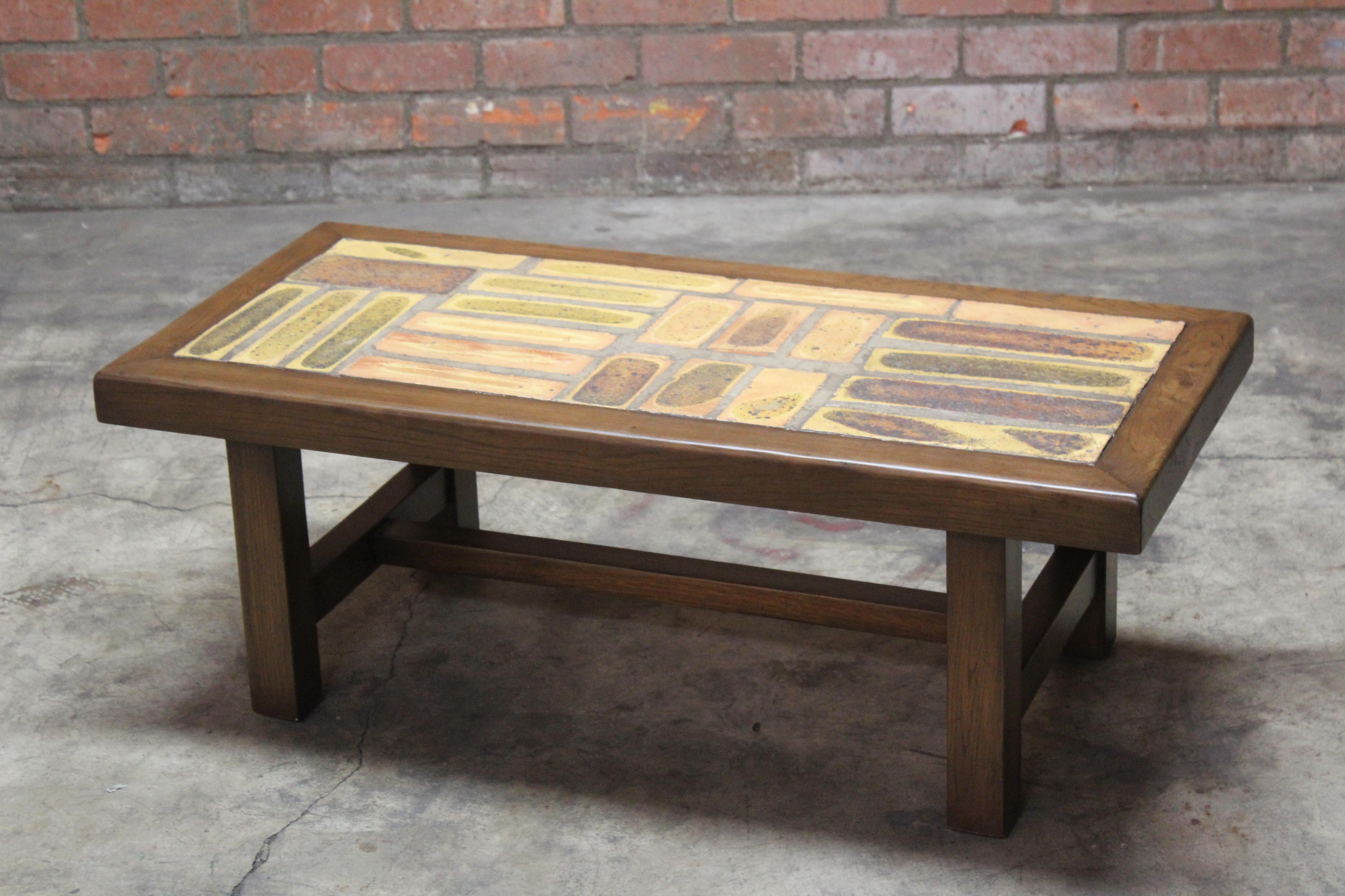 Mid-Century Modern 1960s French Modernist Ceramic Tile and Walnut Coffee Table