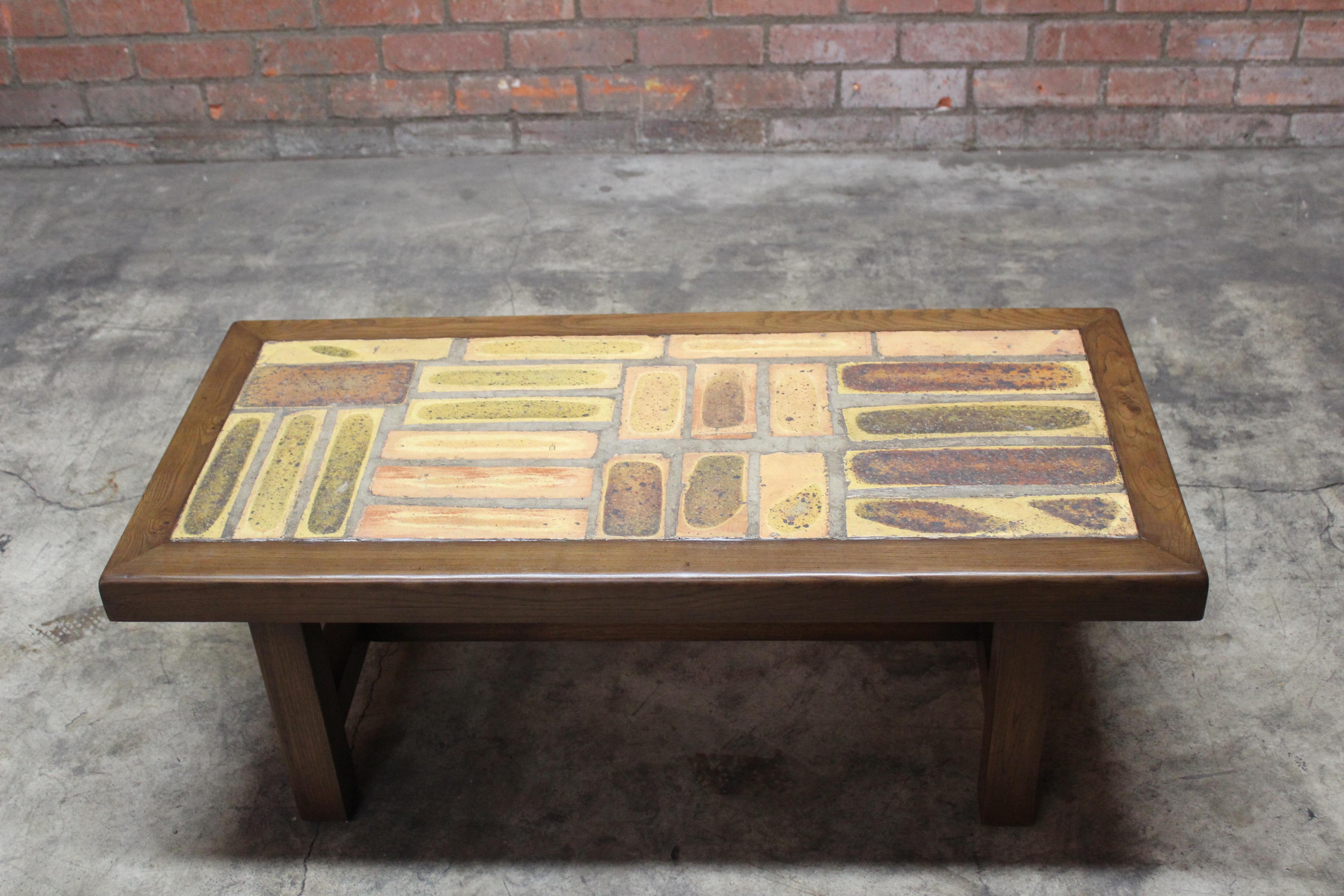 1960s French Modernist Ceramic Tile and Walnut Coffee Table 1