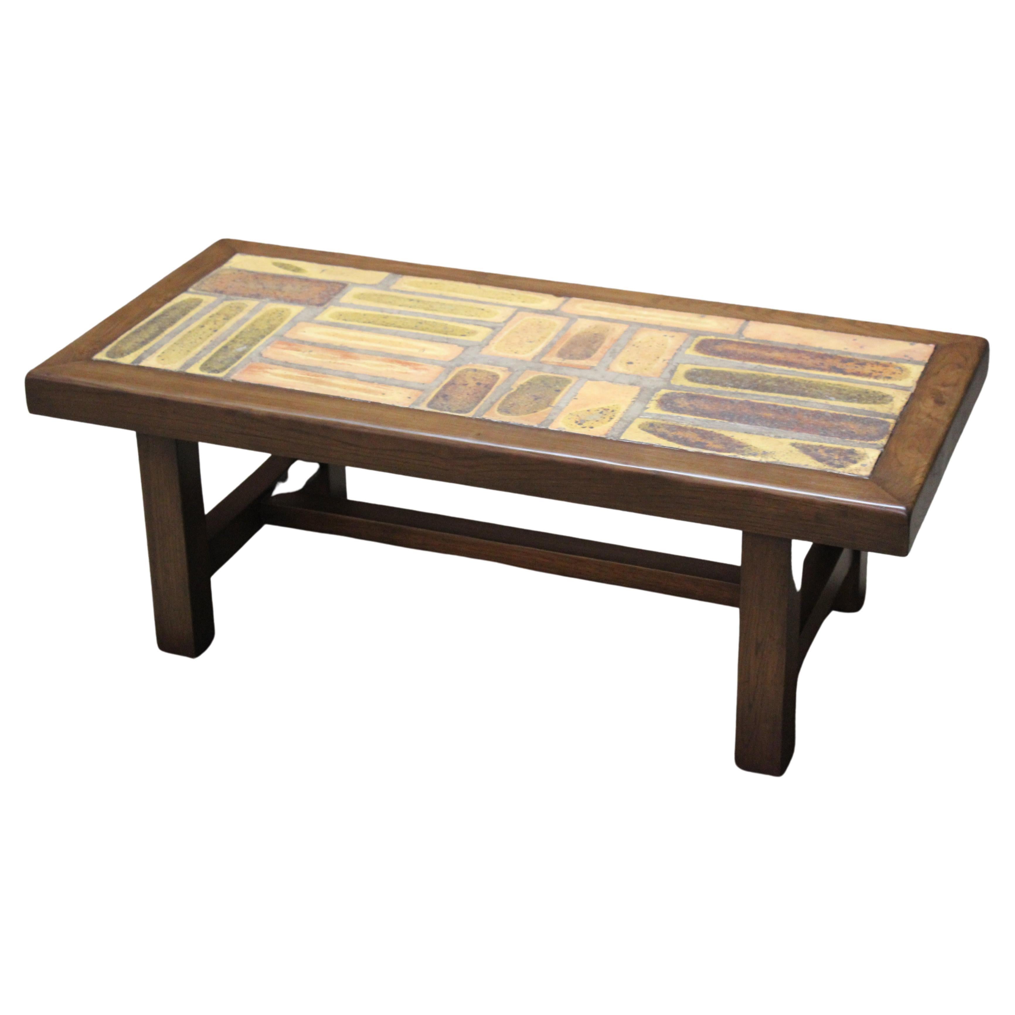 1960s French Modernist Ceramic Tile and Walnut Coffee Table