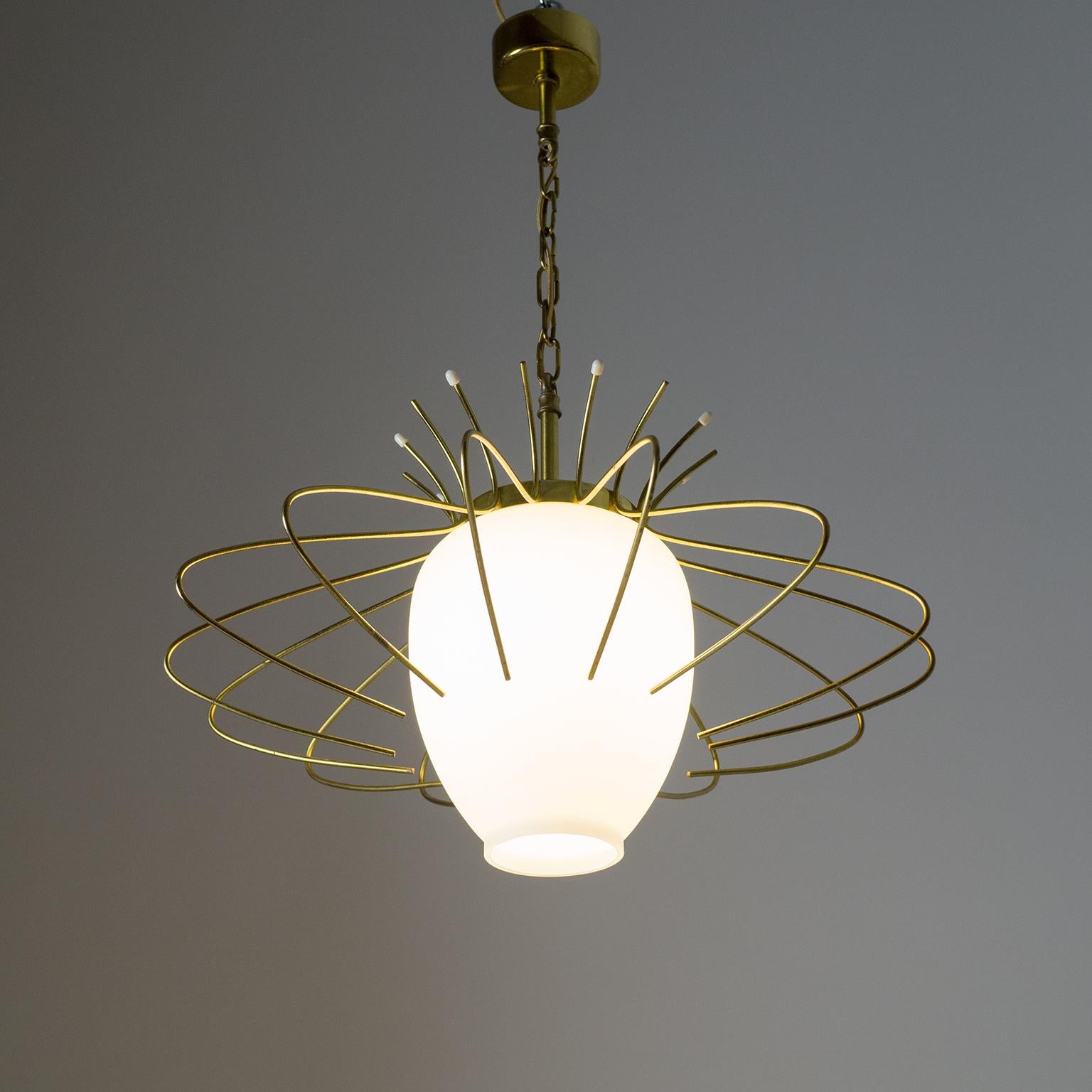 French Modernist Pendant, 1960s, Brass and Satin Glass 4