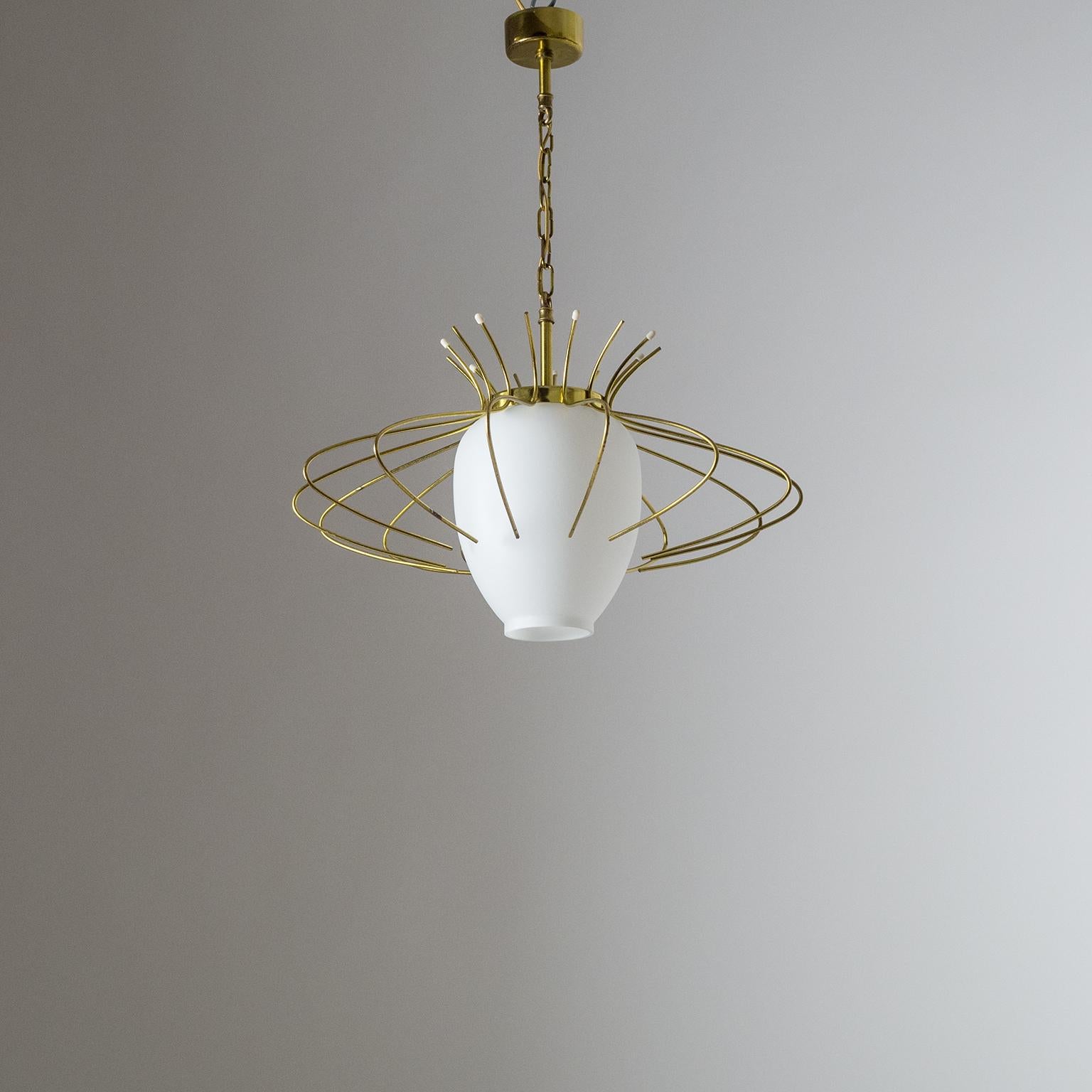 French Modernist Pendant, 1960s, Brass and Satin Glass 8