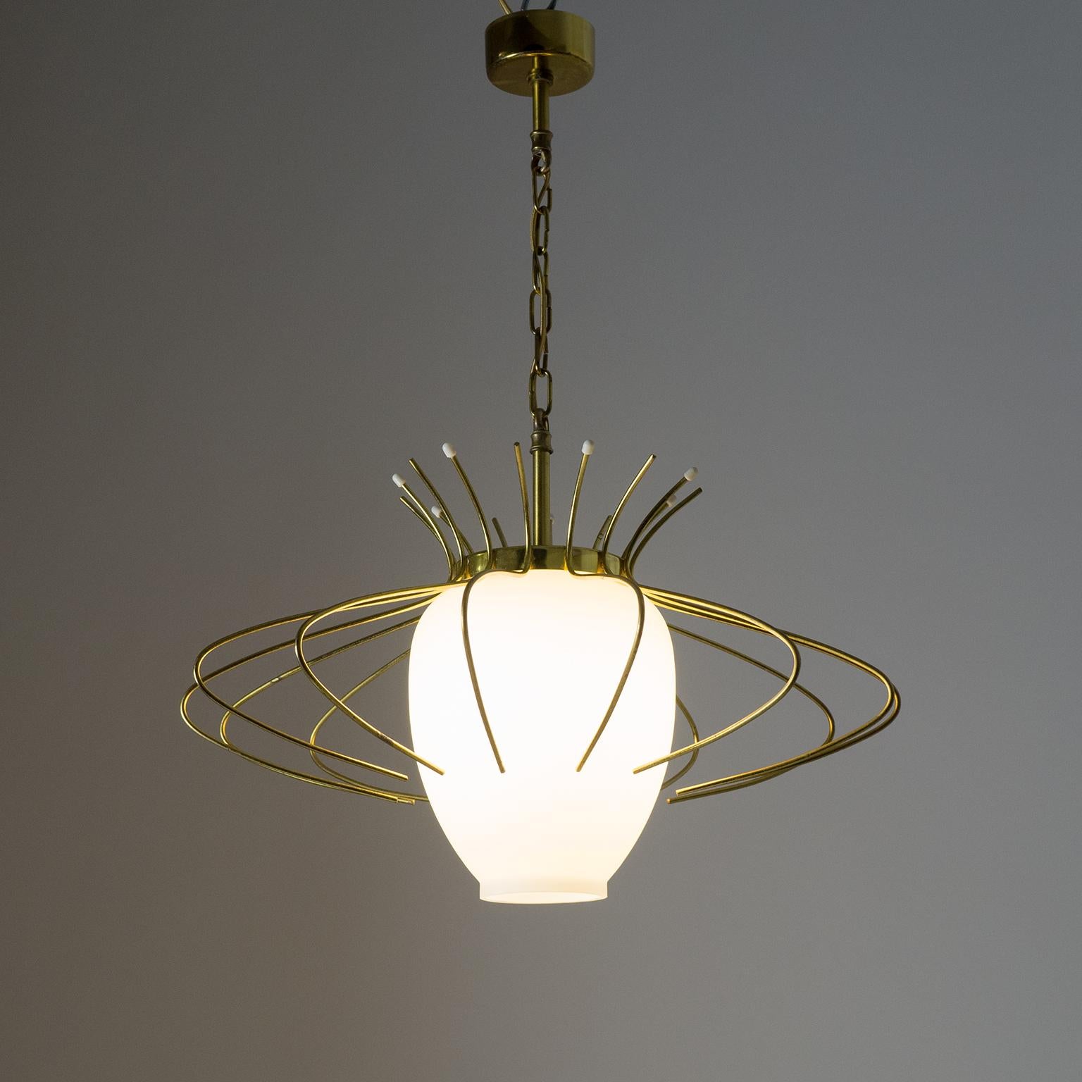 Frosted French Modernist Pendant, 1960s, Brass and Satin Glass