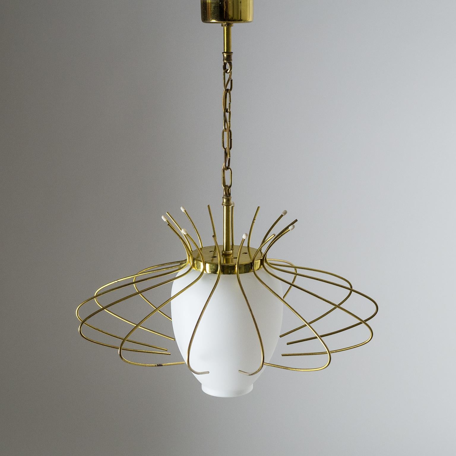 French Modernist Pendant, 1960s, Brass and Satin Glass 2