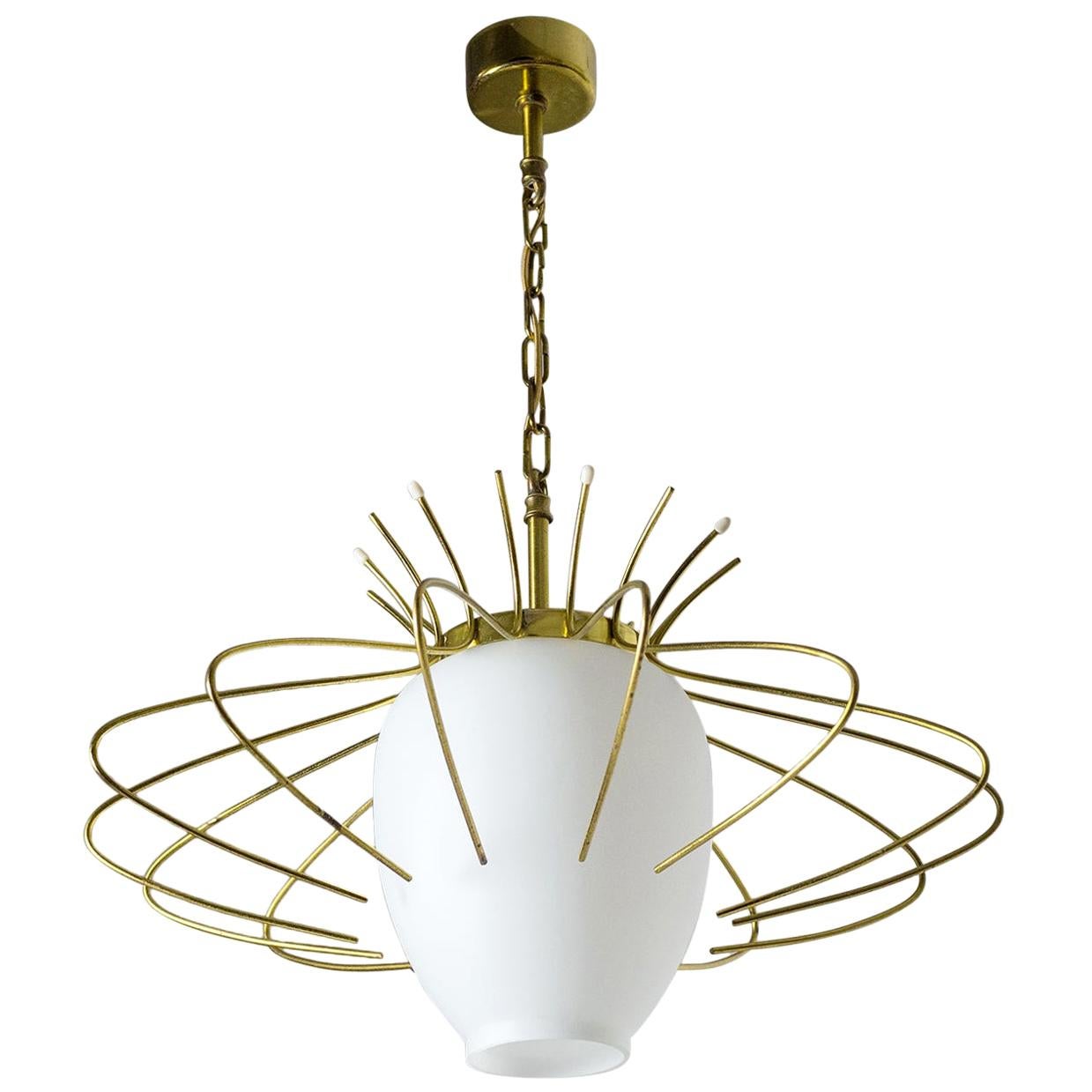 French Modernist Pendant, 1960s, Brass and Satin Glass