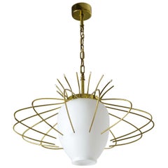 French Modernist Pendant, 1960s, Brass and Satin Glass
