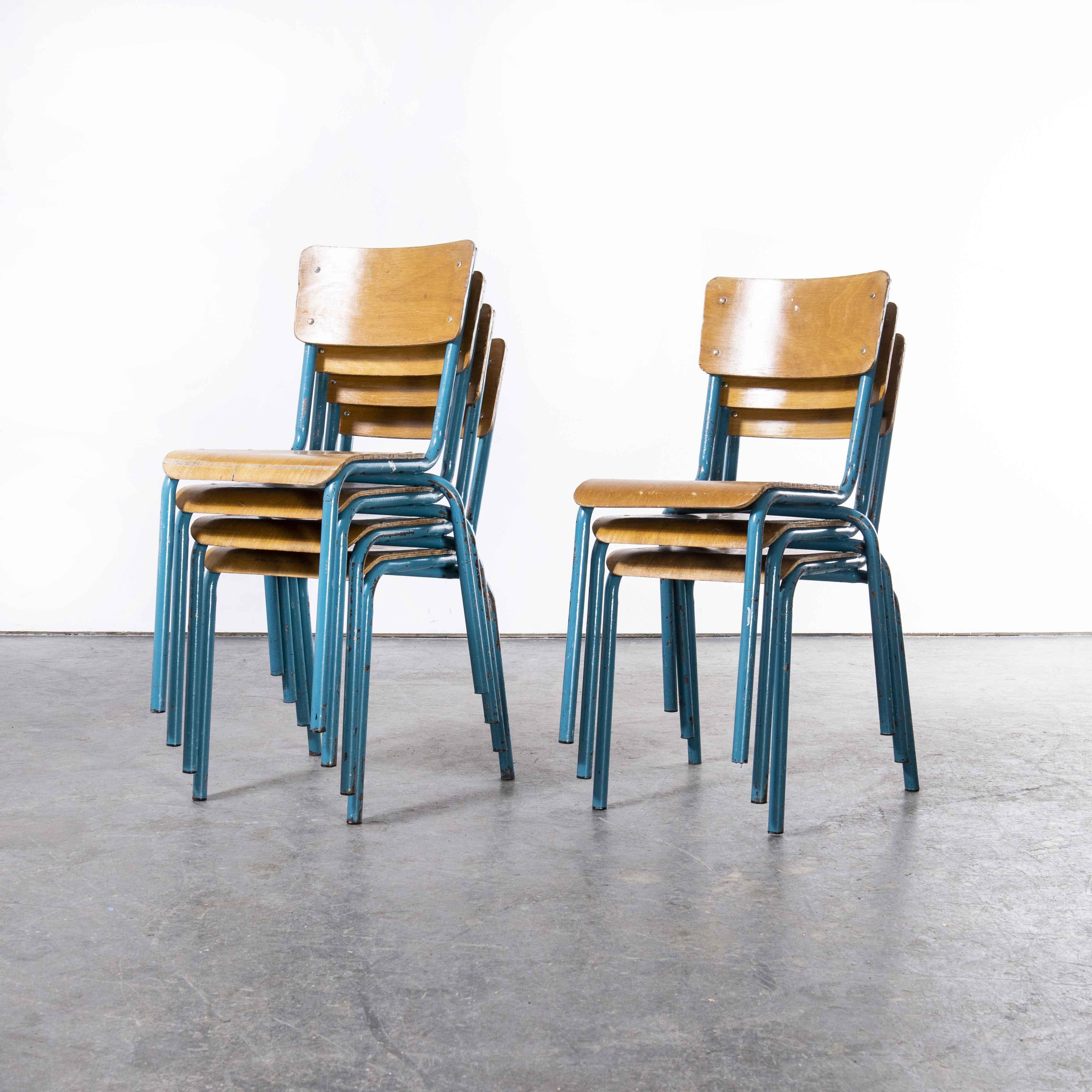 Mid-20th Century 1960's French Mullca Stacking Chair, Light Blue Kick Leg, Set of Seven
