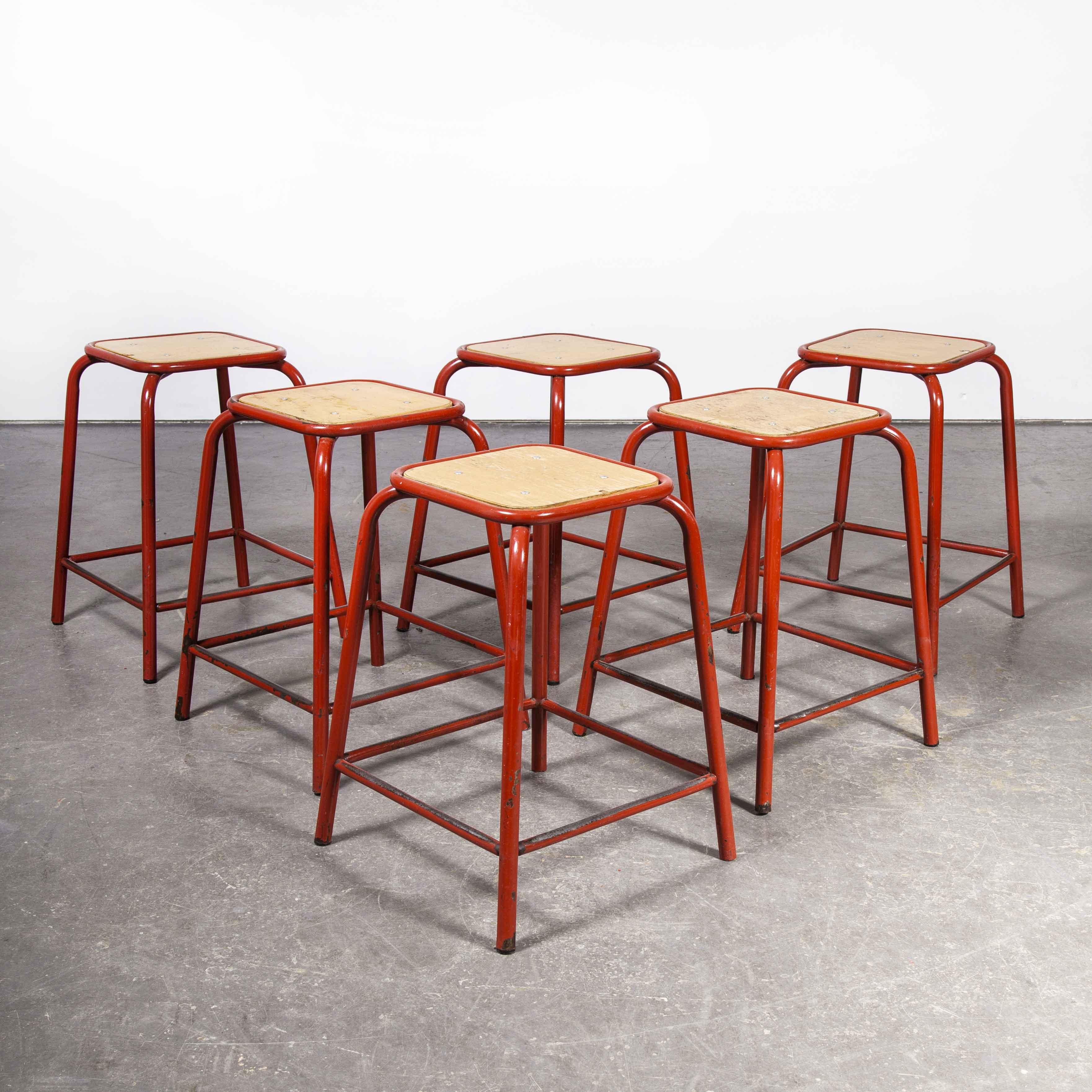 Metal 1960's French Mullca Vintage Stacking Laboratory Stool, Red, Set of Six