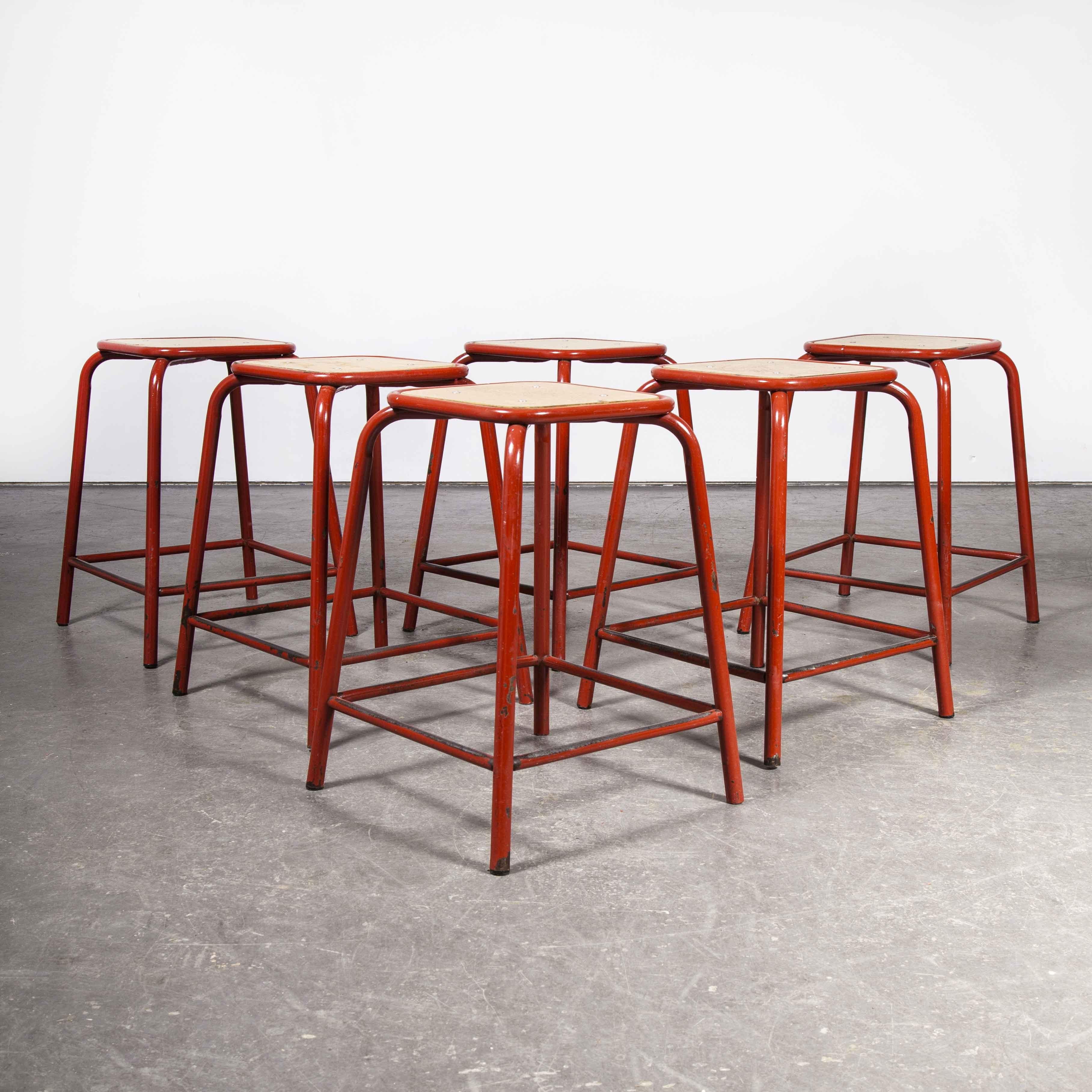 1960's French Mullca Vintage Stacking Laboratory Stool, Red, Set of Six 1