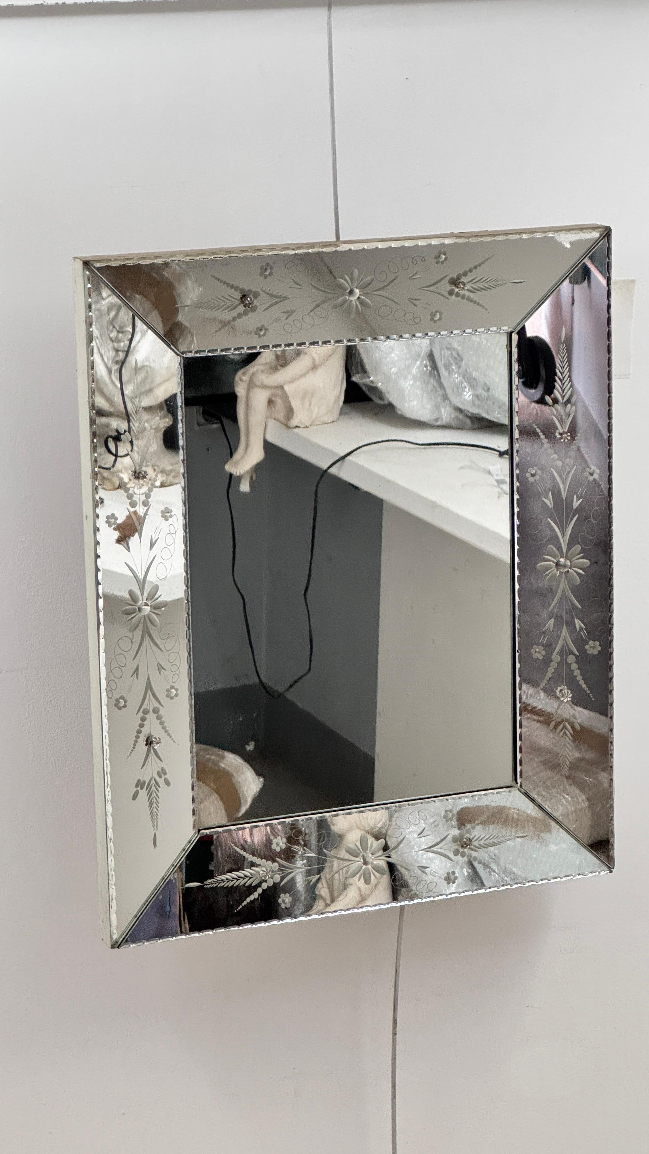 Mid-20th Century 1960s French Multi-Surface Glass Mirror with Beveled Floral Decorations