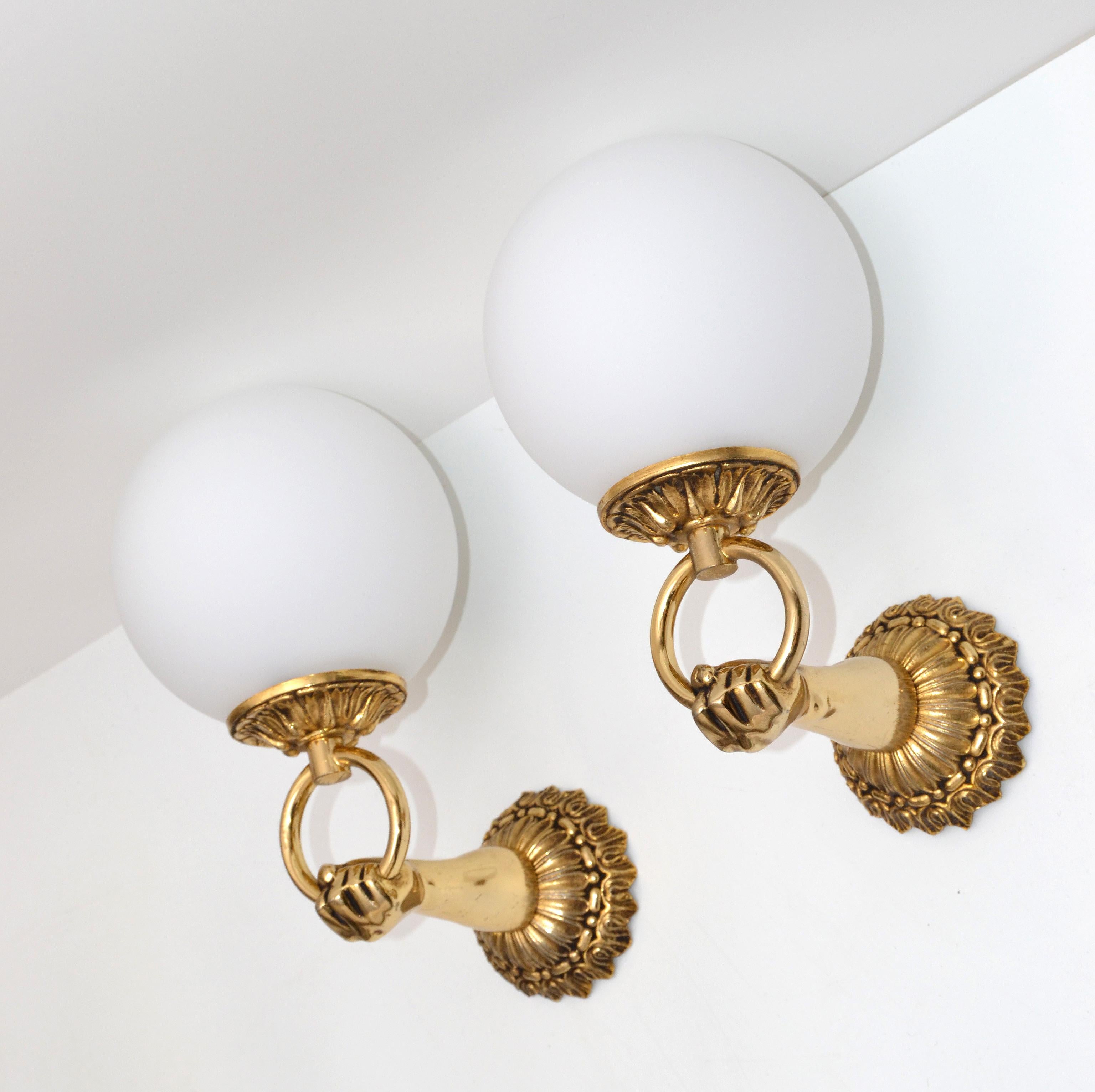 1960s French Neoclassical Hand Brass and Opaline Glass Sconces, 3 Pair Available For Sale 5