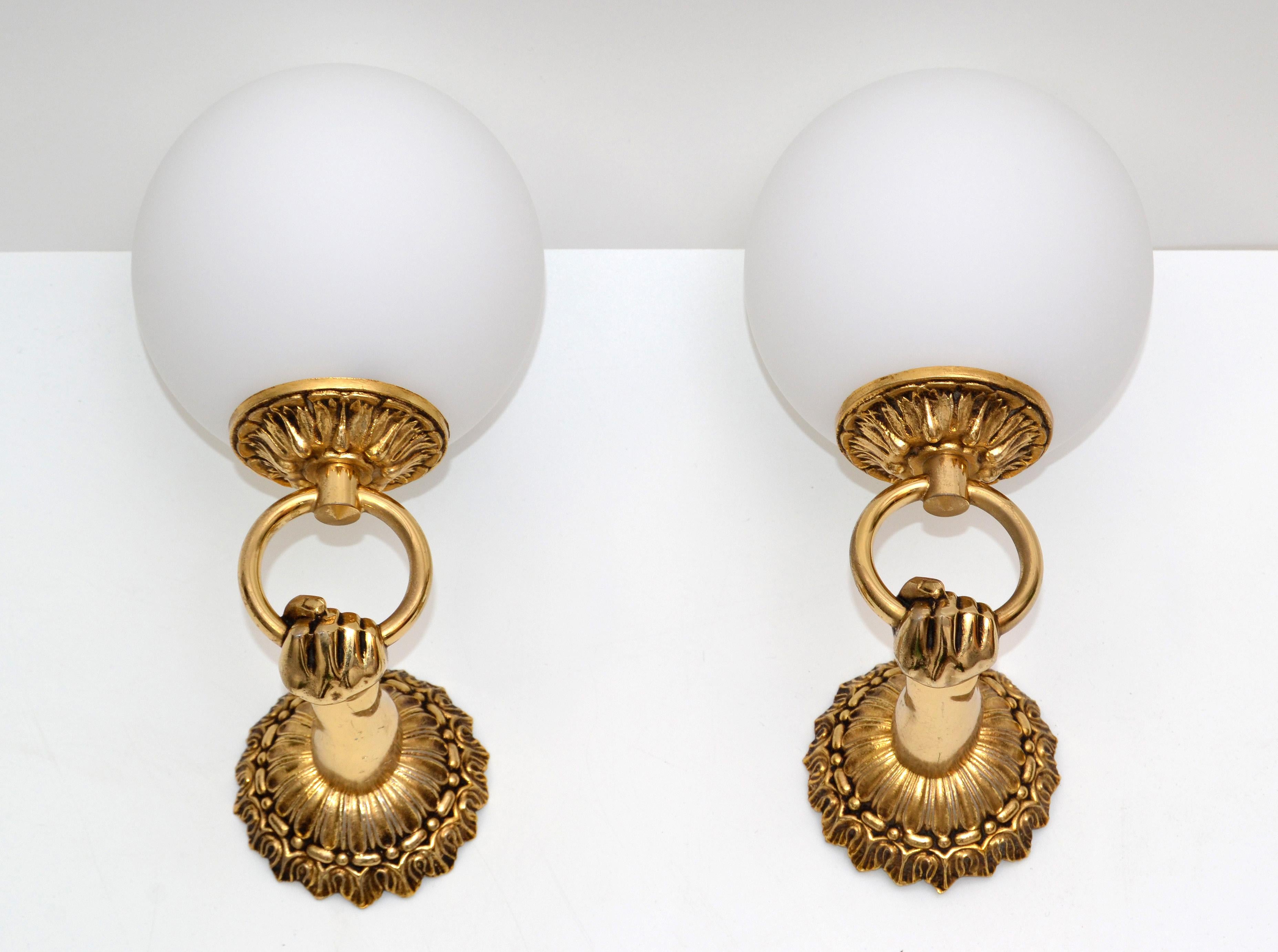 1960s French Neoclassical Hand Brass and Opaline Glass Sconces, 3 Pair Available For Sale 6