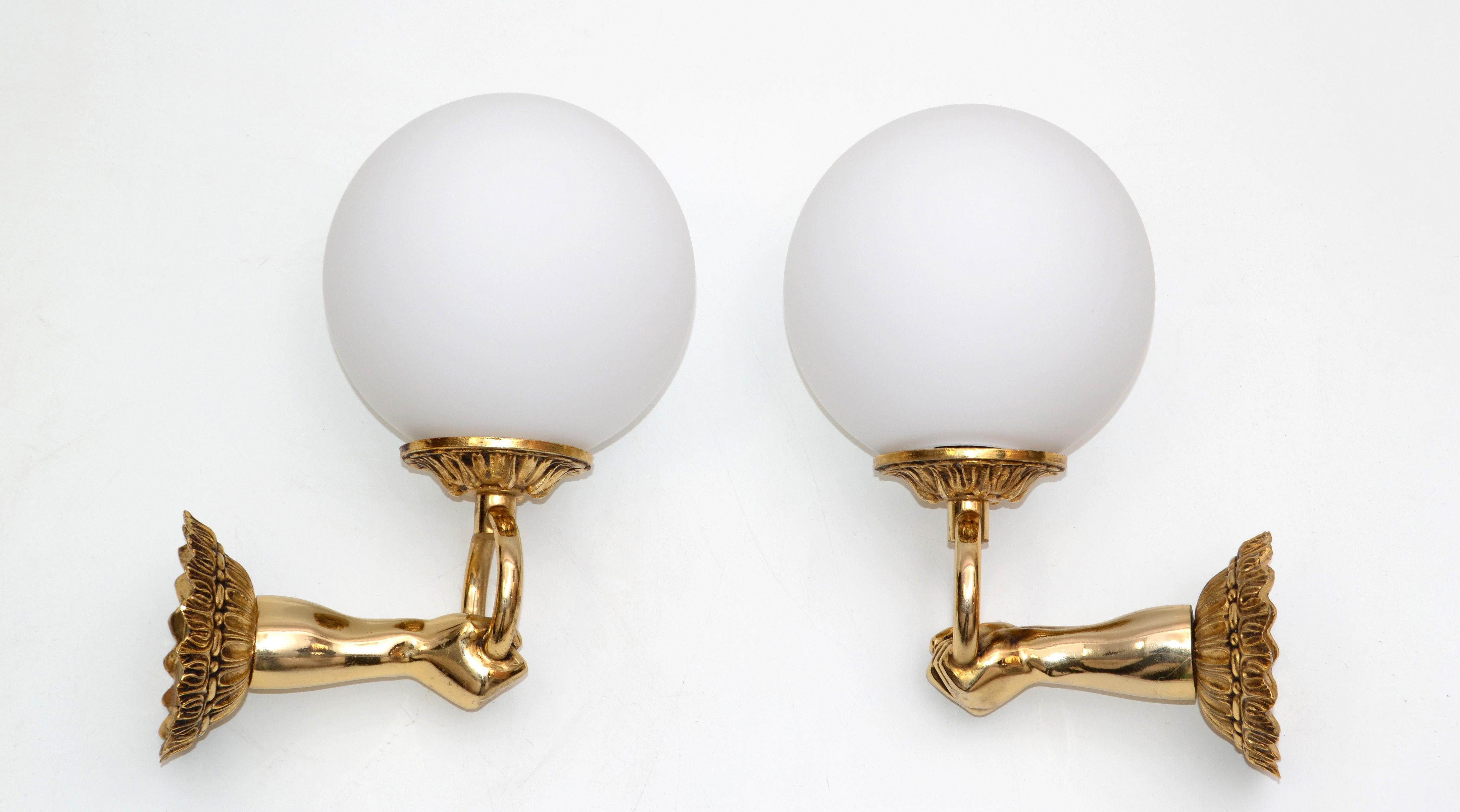 Polished 1960s French Neoclassical Hand Brass and Opaline Glass Sconces, 3 Pair Available For Sale