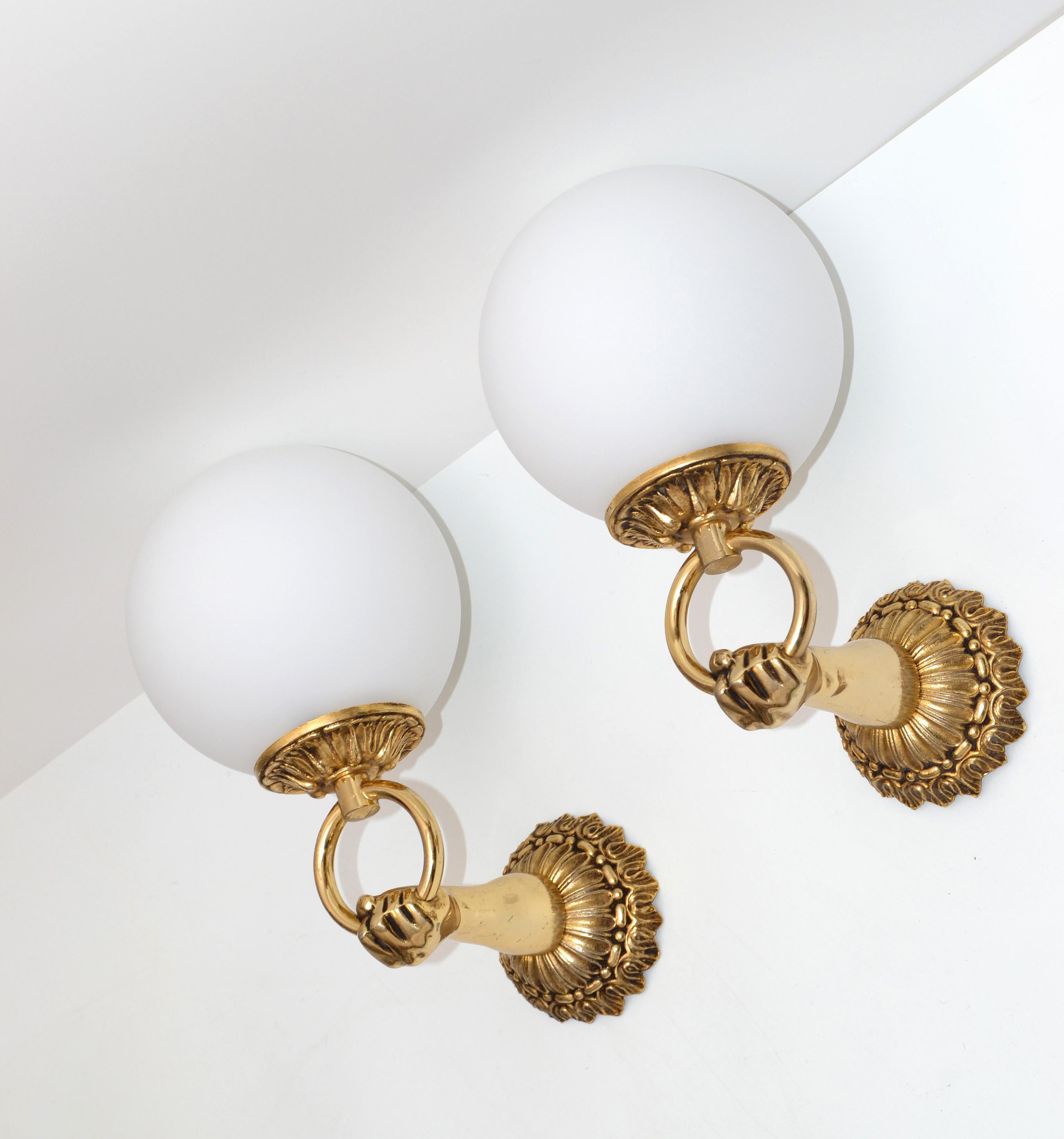 1960s French Neoclassical Hand Brass and Opaline Glass Sconces, 3 Pair Available In Good Condition For Sale In Miami, FL