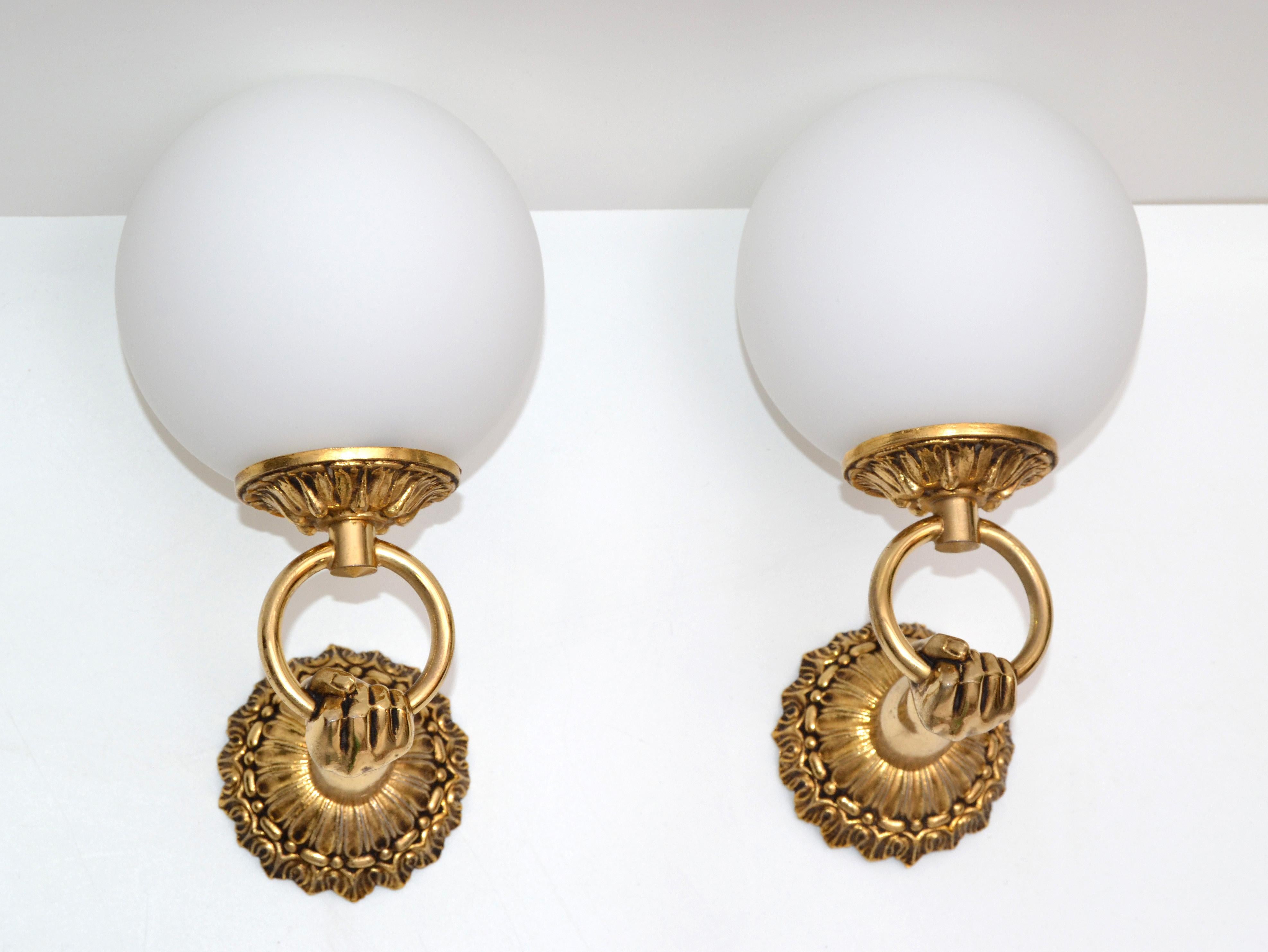 Mid-20th Century 1960s French Neoclassical Hand Brass and Opaline Glass Sconces, 3 Pair Available For Sale