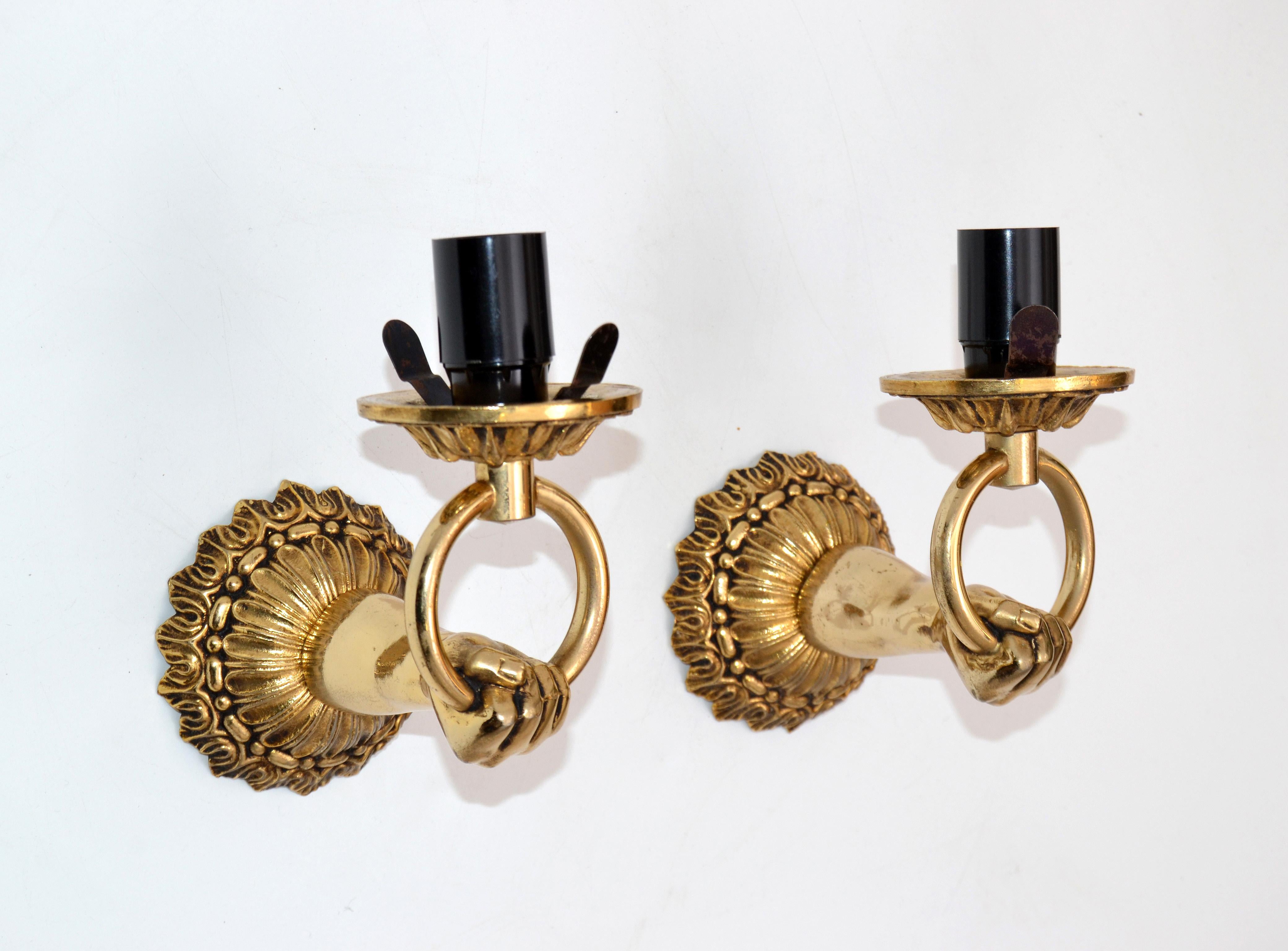 1960s French Neoclassical Hand Brass and Opaline Glass Sconces, 3 Pair Available For Sale 3