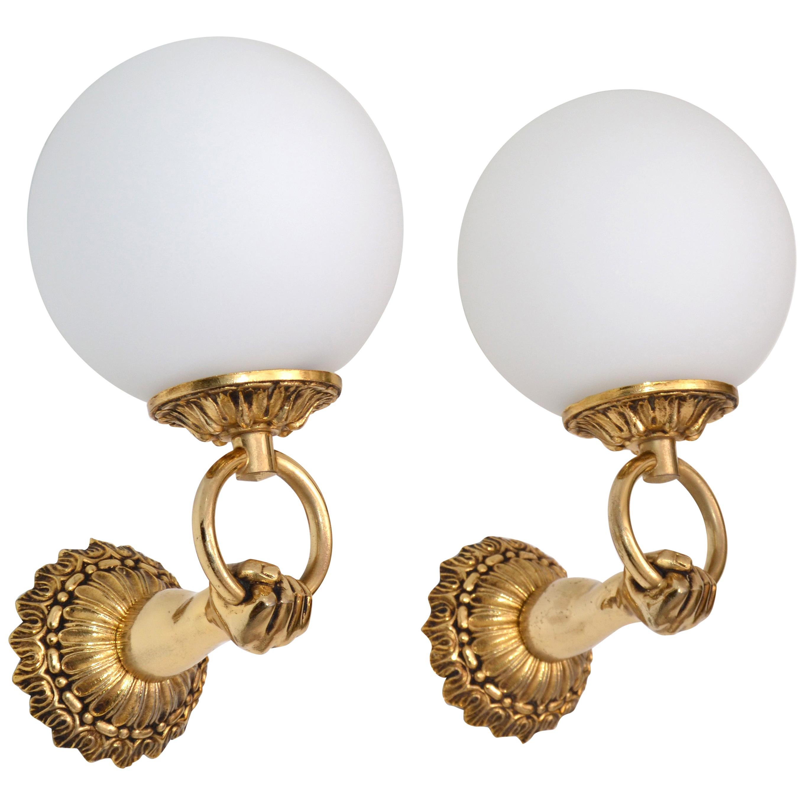 1960s French Neoclassical Hand Brass and Opaline Glass Sconces, 3 Pair Available