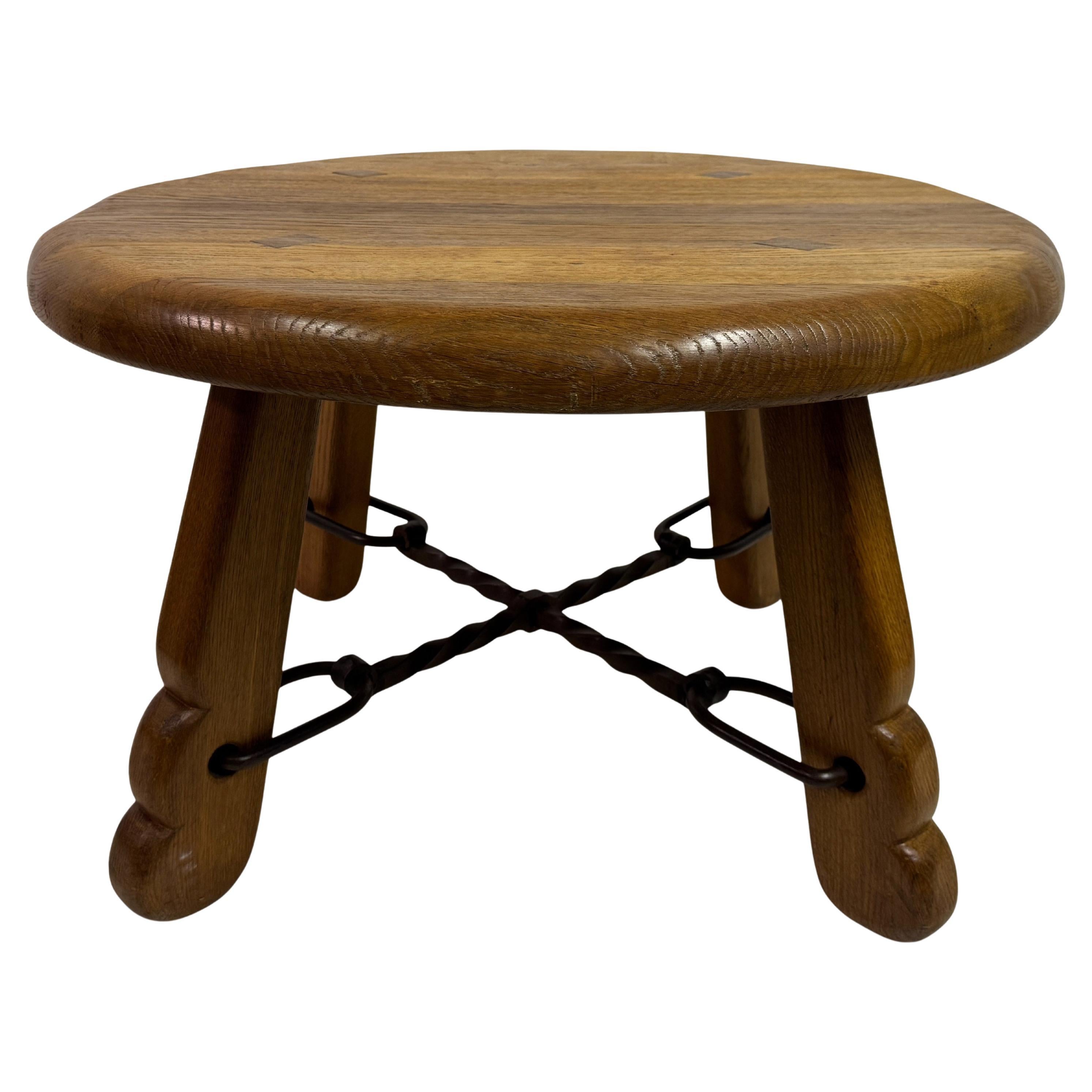 1960s Mid Century French Brutalist Coffee Table in Solid Oak & Wrought Iron