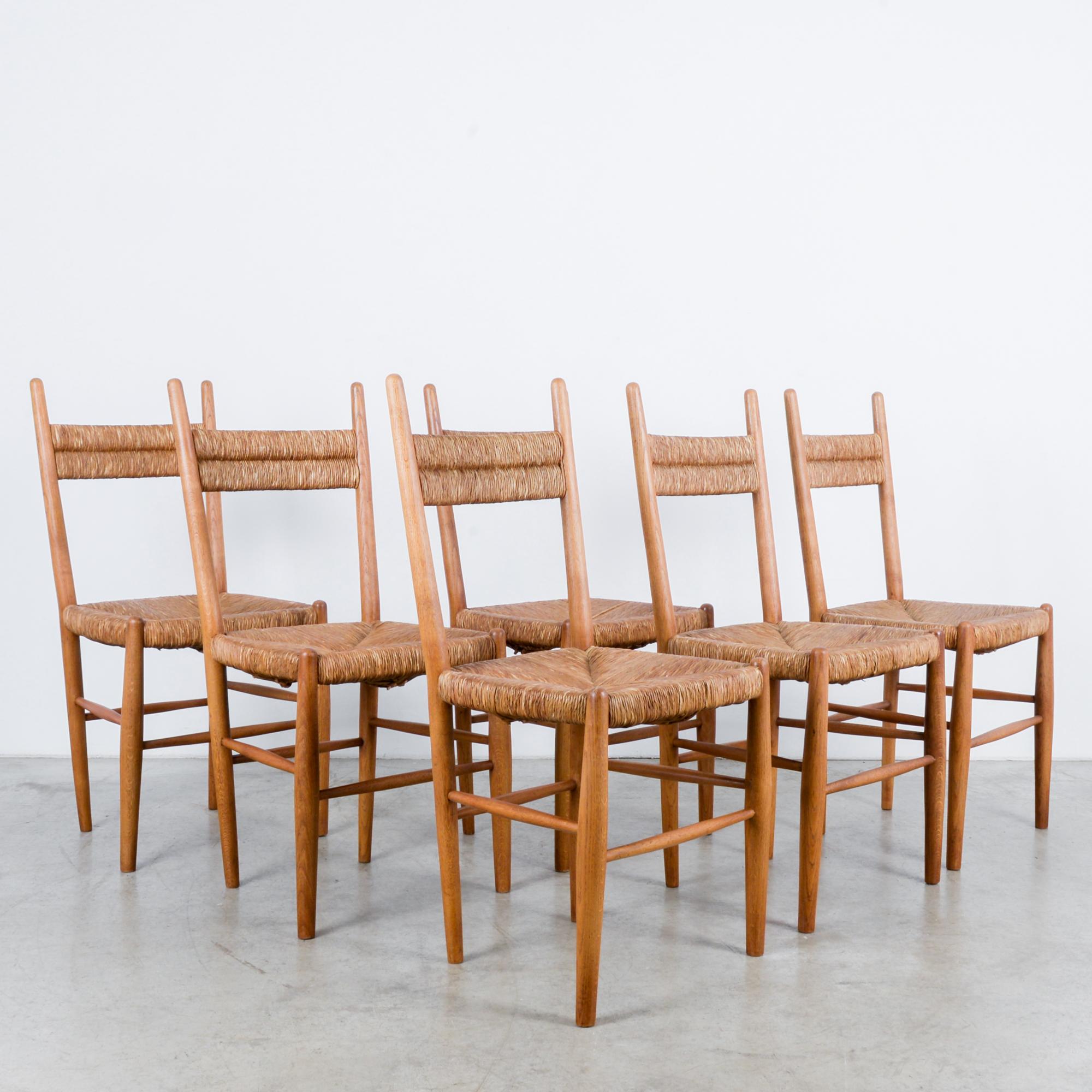 French Provincial 1960s French Oak Chairs with Woven Seats and Backs, Set of Six