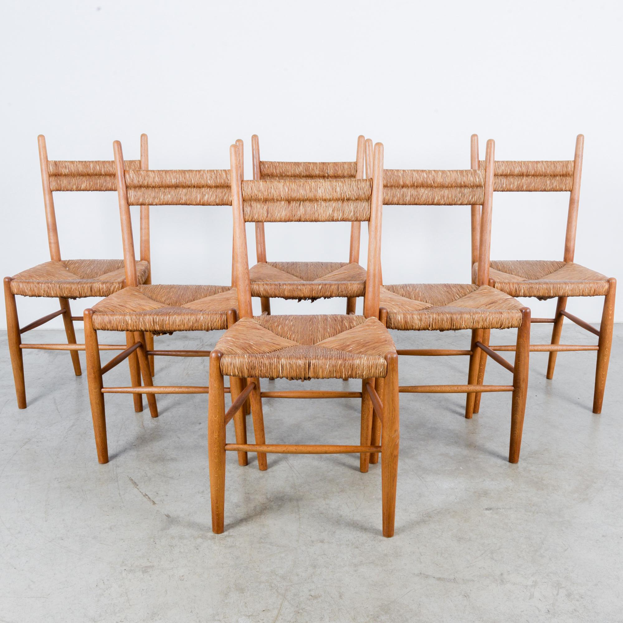 1960s French Oak Chairs with Woven Seats and Backs, Set of Six In Good Condition In High Point, NC