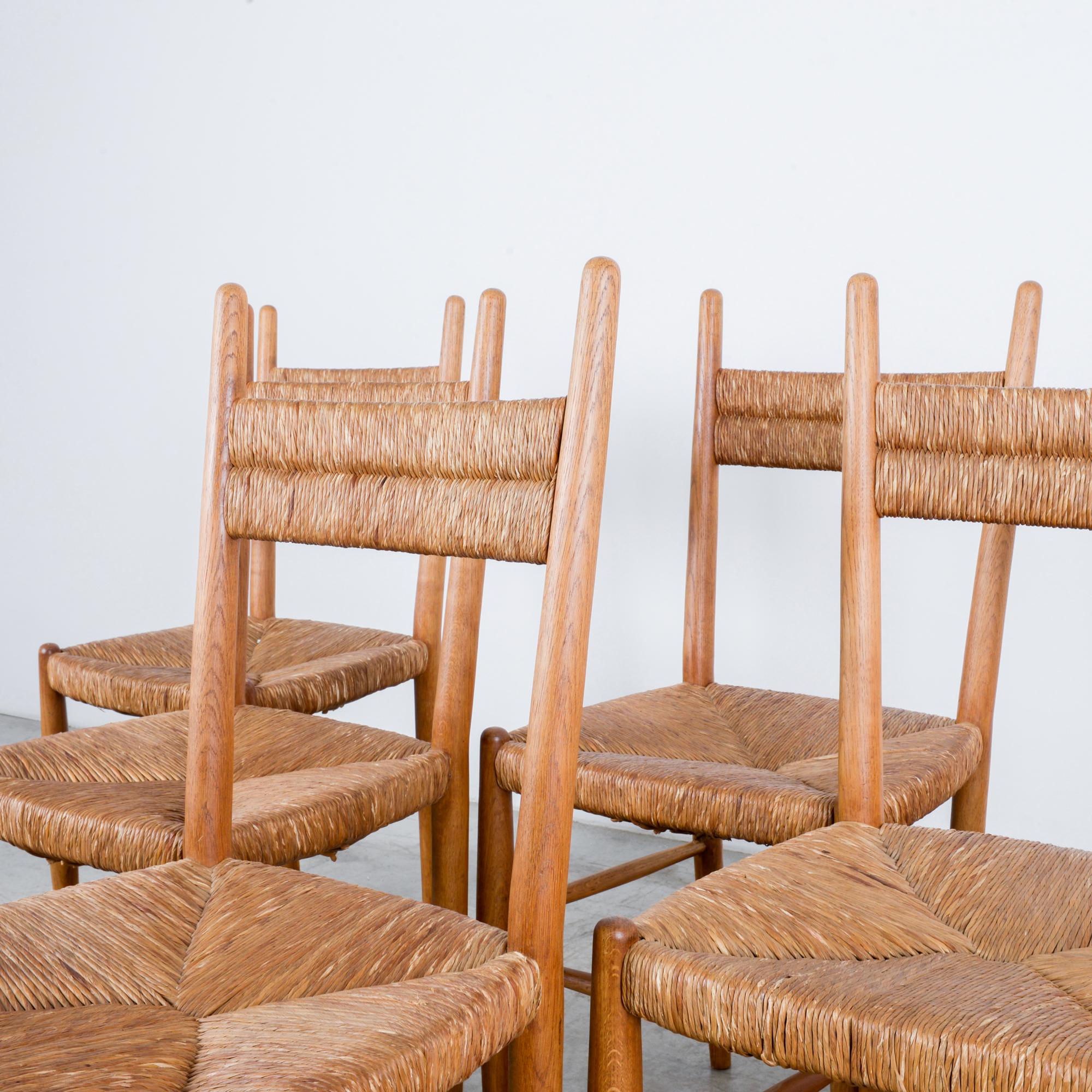 Mid-20th Century 1960s French Oak Chairs with Woven Seats and Backs, Set of Six
