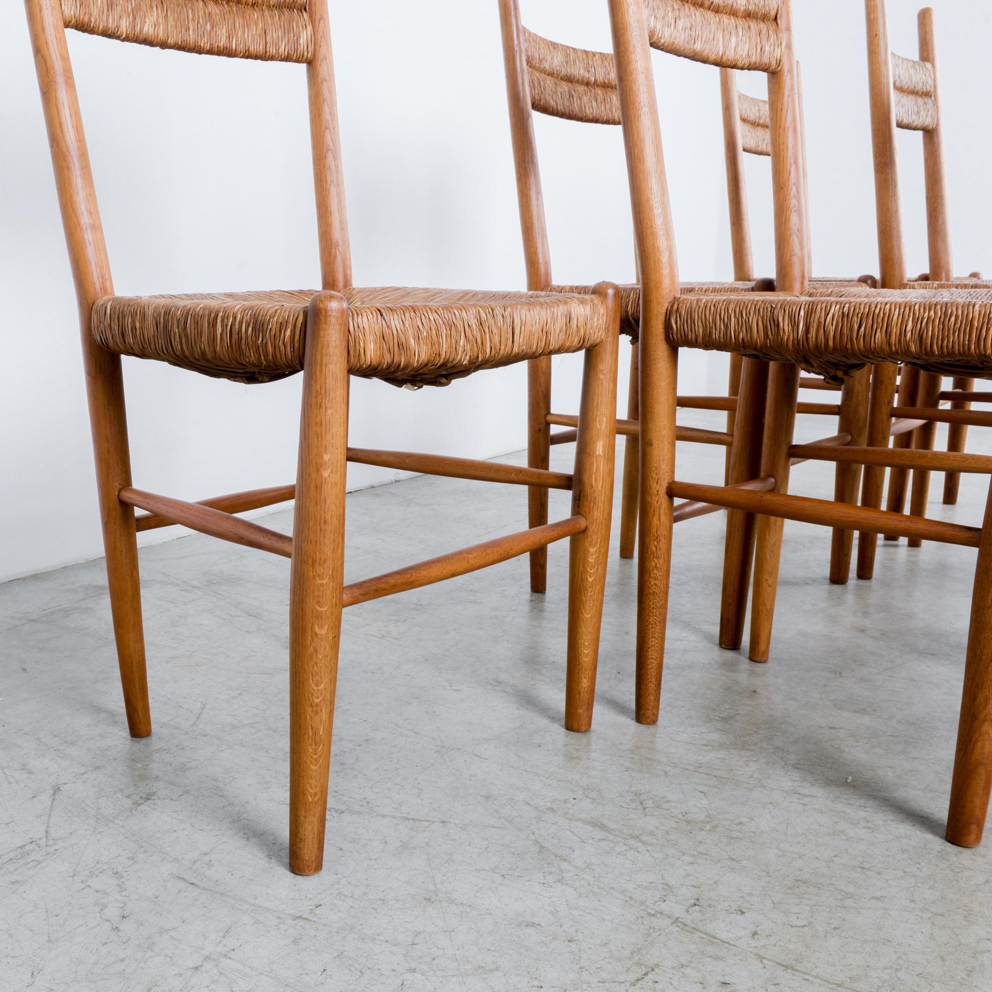 Wicker 1960s French Oak Chairs with Woven Seats and Backs, Set of Six