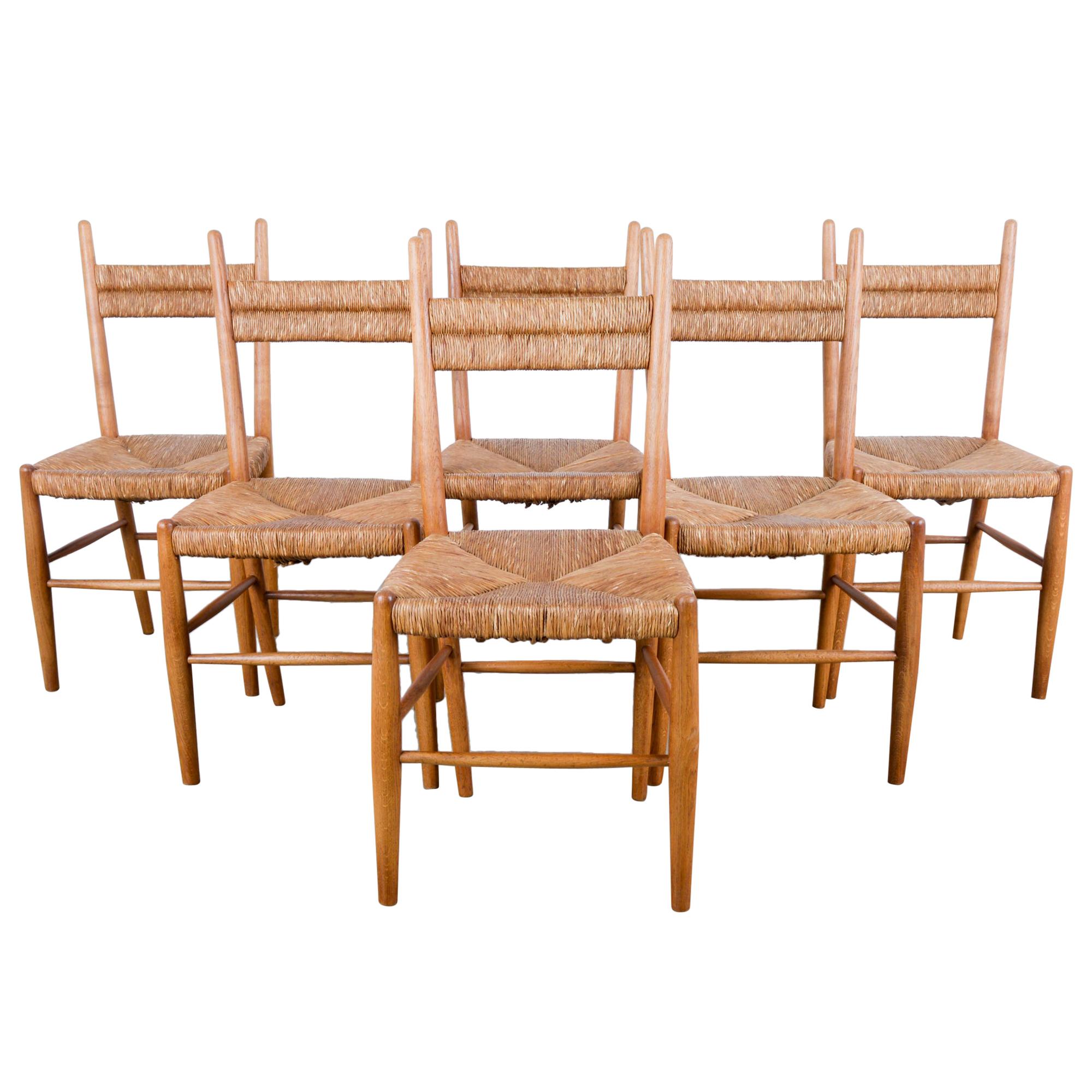 1960s French Oak Chairs with Woven Seats and Backs, Set of Six