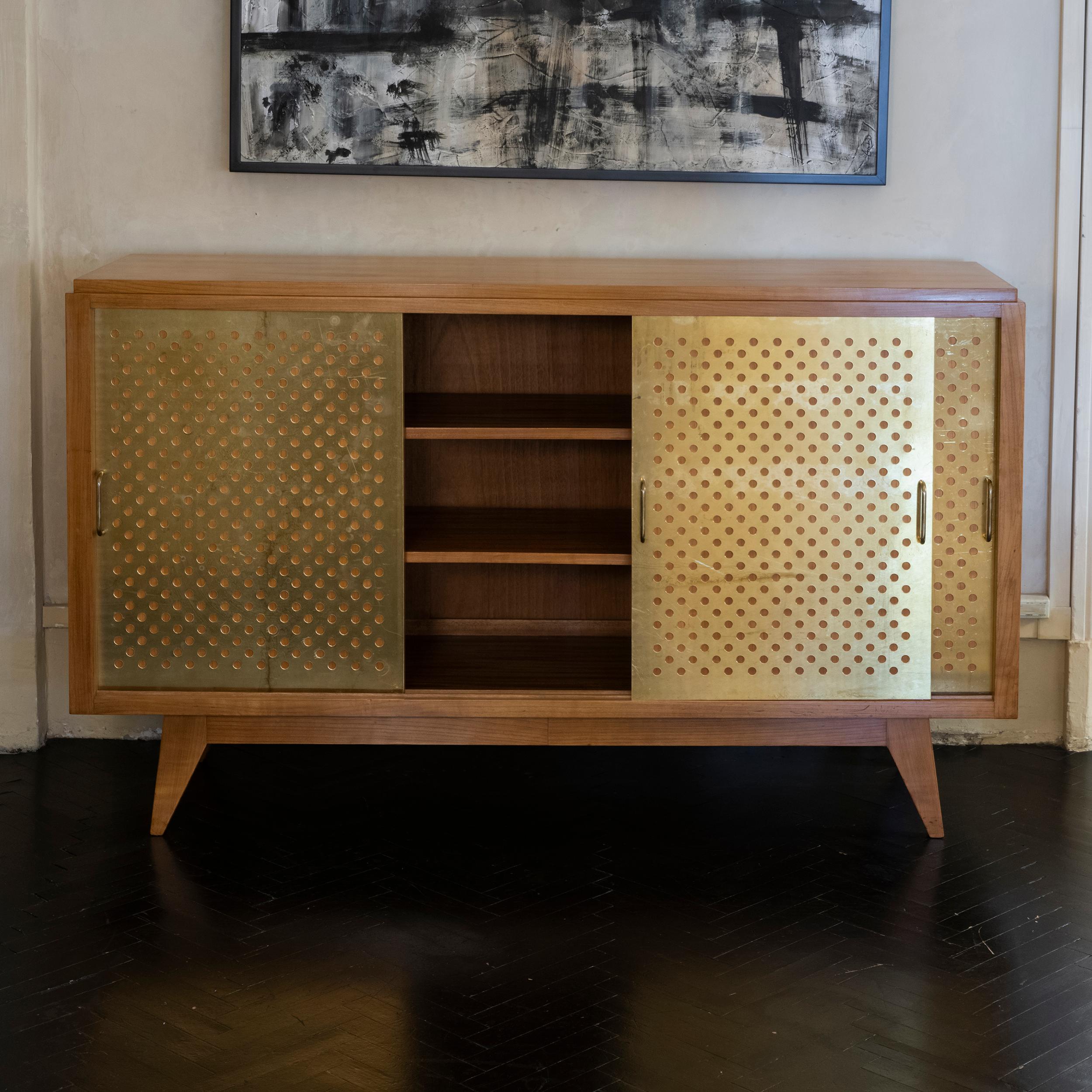 Mid-Century Modern 1960's French Oak Sideboard Sliding Doors with Brass Details