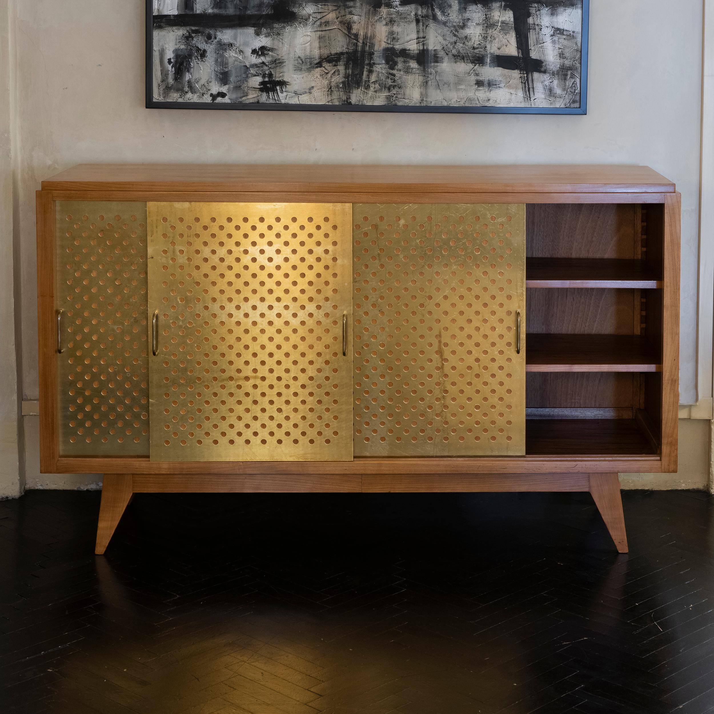 Mid-20th Century 1960's French Oak Sideboard Sliding Doors with Brass Details
