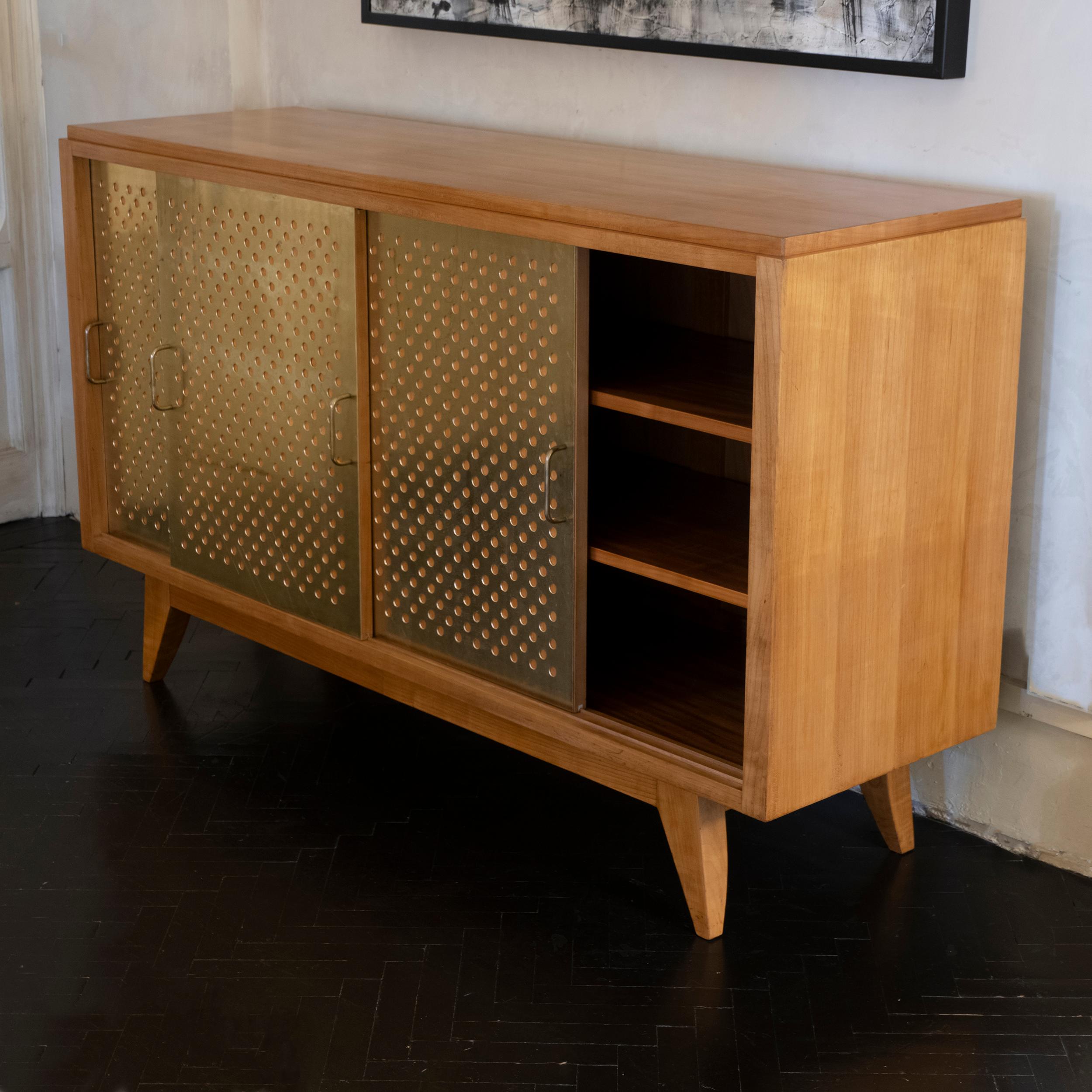1960's French Oak Sideboard Sliding Doors with Brass Details 1